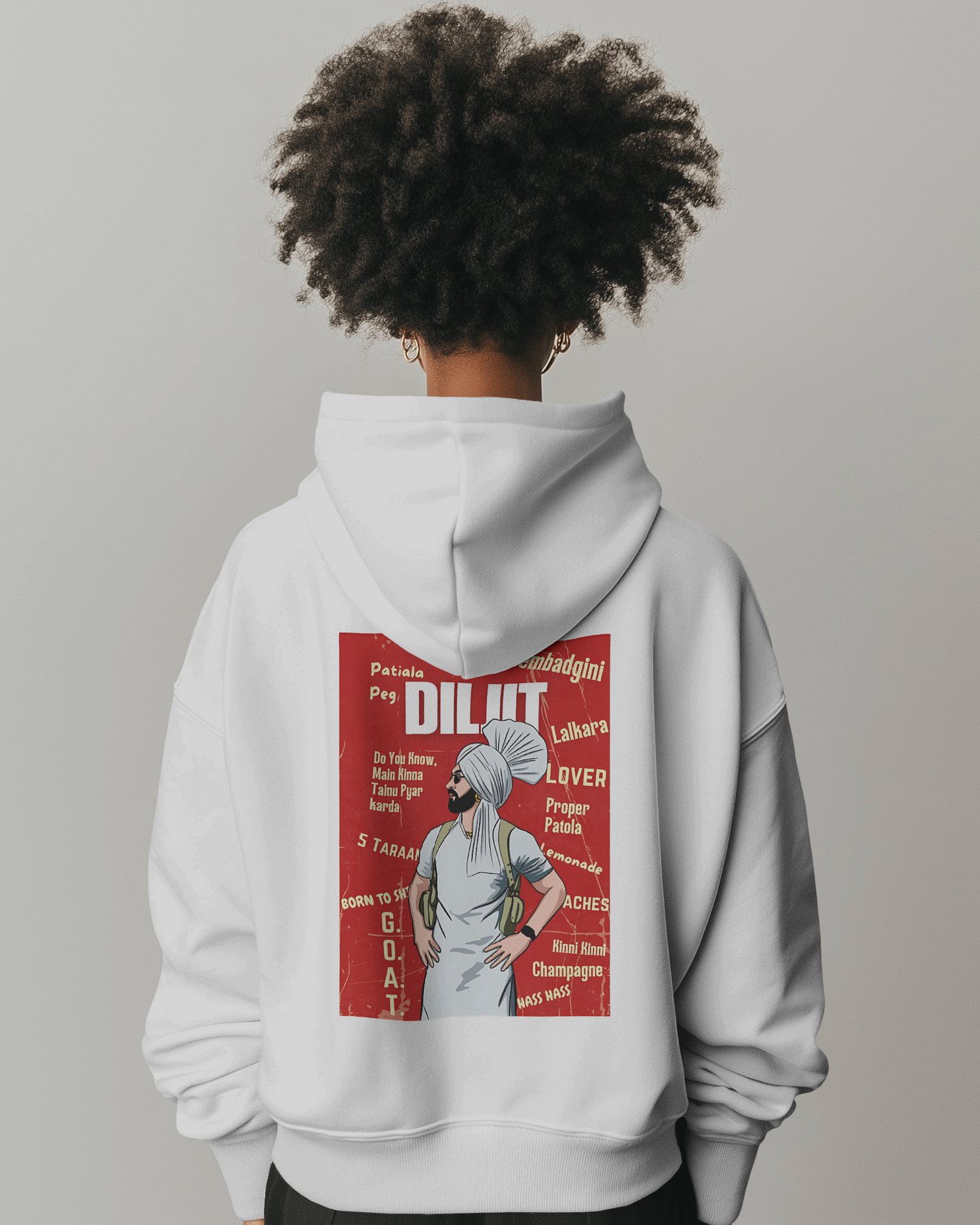 Diljit Dosanjh white hoodie featuring a striking graphic of the Punjabi superstar. Made from premium cotton fleece, this hoodie offers warmth, comfort, and a relaxed fit, perfect for fans looking to showcase their love for the artist in a cozy, stylish way.