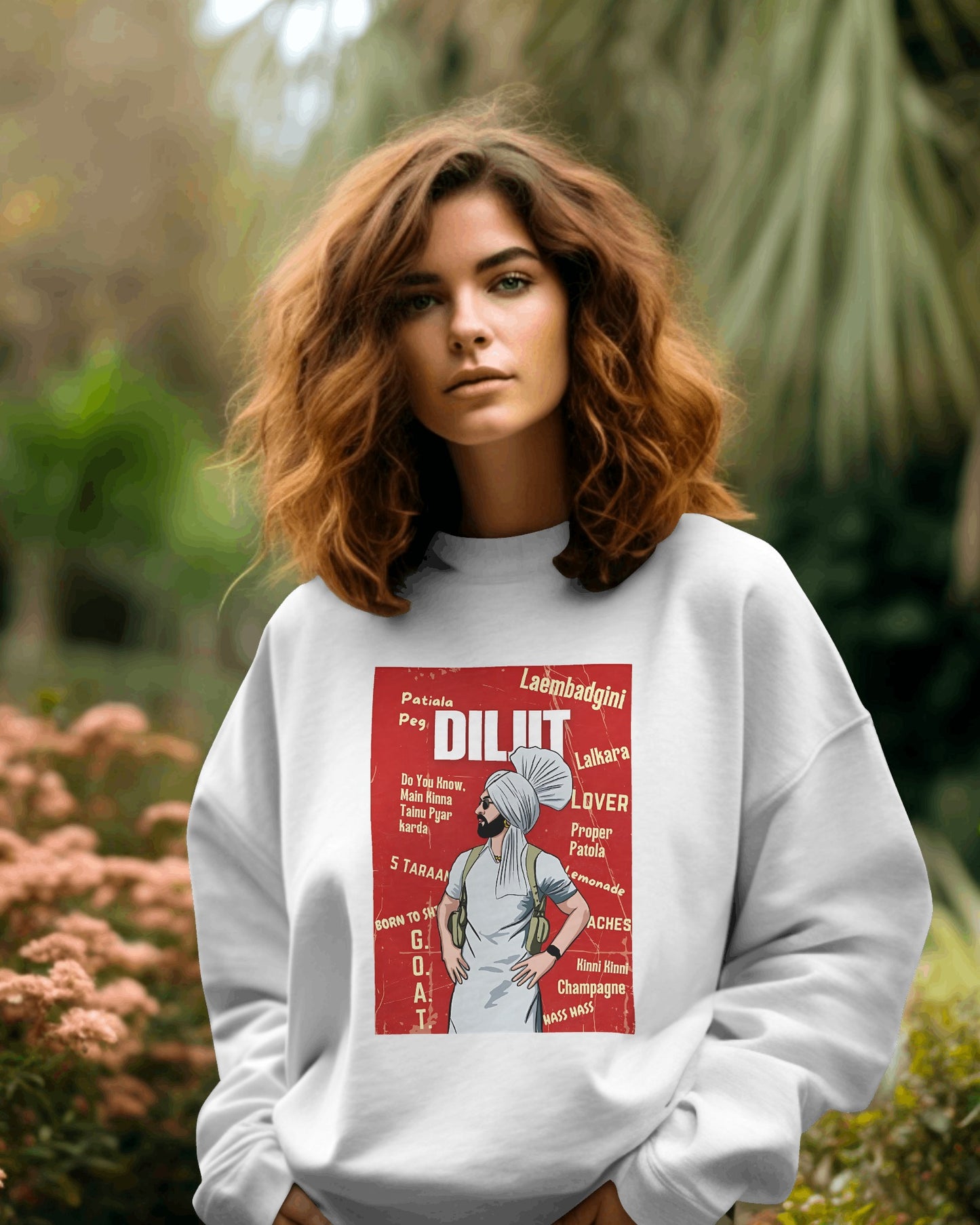 Diljit Dosanjh white sweatshirt featuring a stylish graphic of the Punjabi superstar. Made from premium cotton fleece, this sweatshirt provides warmth, comfort, and a relaxed fit, perfect for casual wear and fans of the iconic artist.