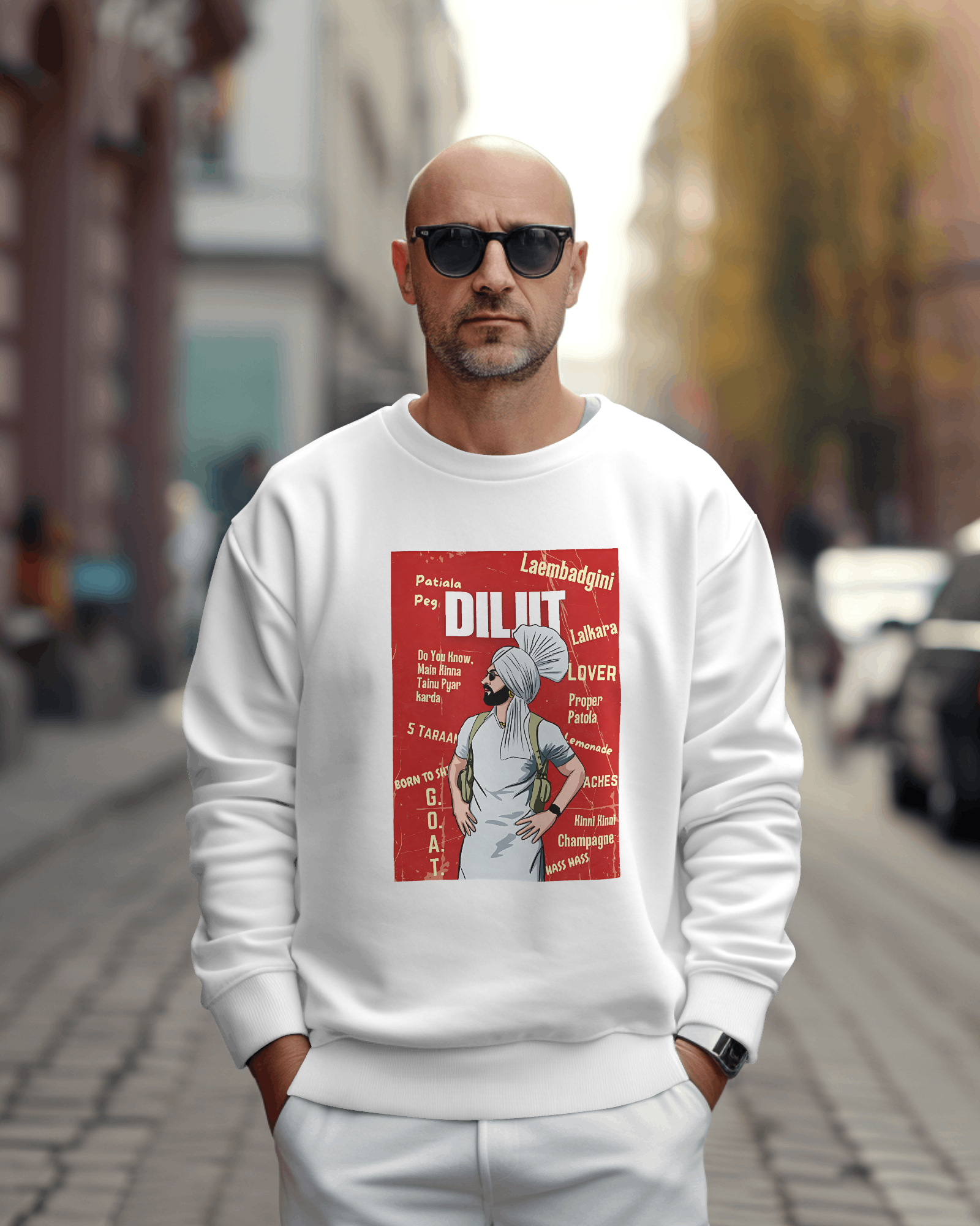 Diljit Dosanjh white sweatshirt featuring a stylish graphic of the Punjabi superstar. Made from premium cotton fleece, this sweatshirt provides warmth, comfort, and a relaxed fit, perfect for casual wear and fans of the iconic artist.