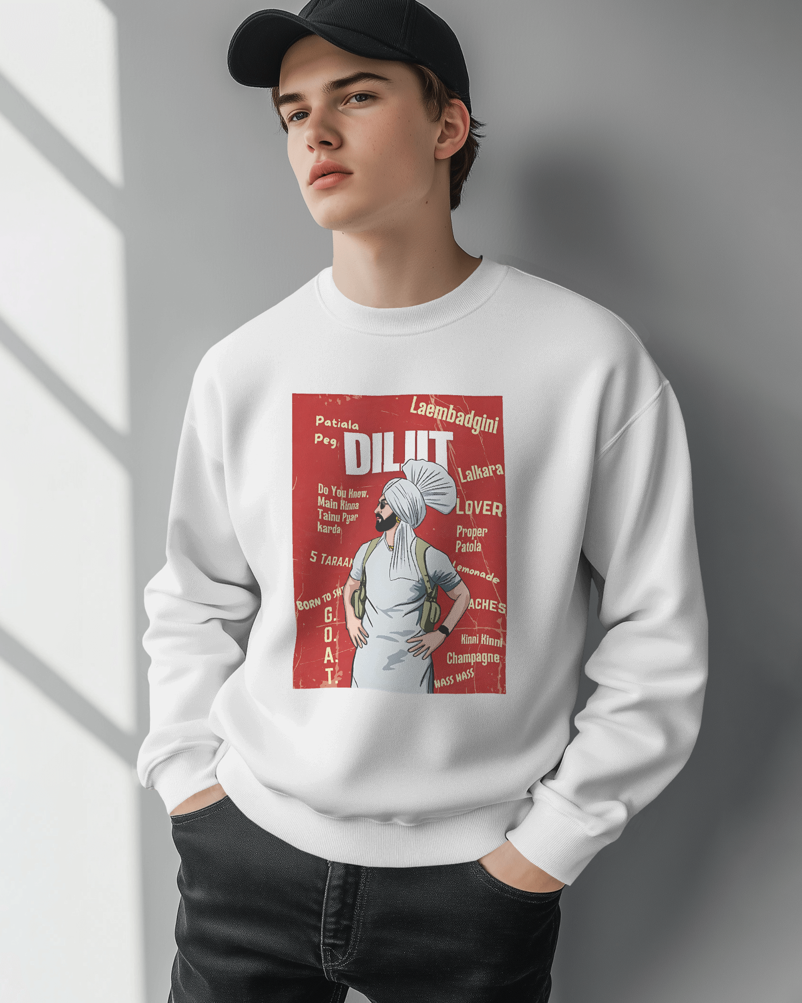 Diljit Dosanjh white sweatshirt featuring a stylish graphic of the Punjabi superstar. Made from premium cotton fleece, this sweatshirt provides warmth, comfort, and a relaxed fit, perfect for casual wear and fans of the iconic artist.