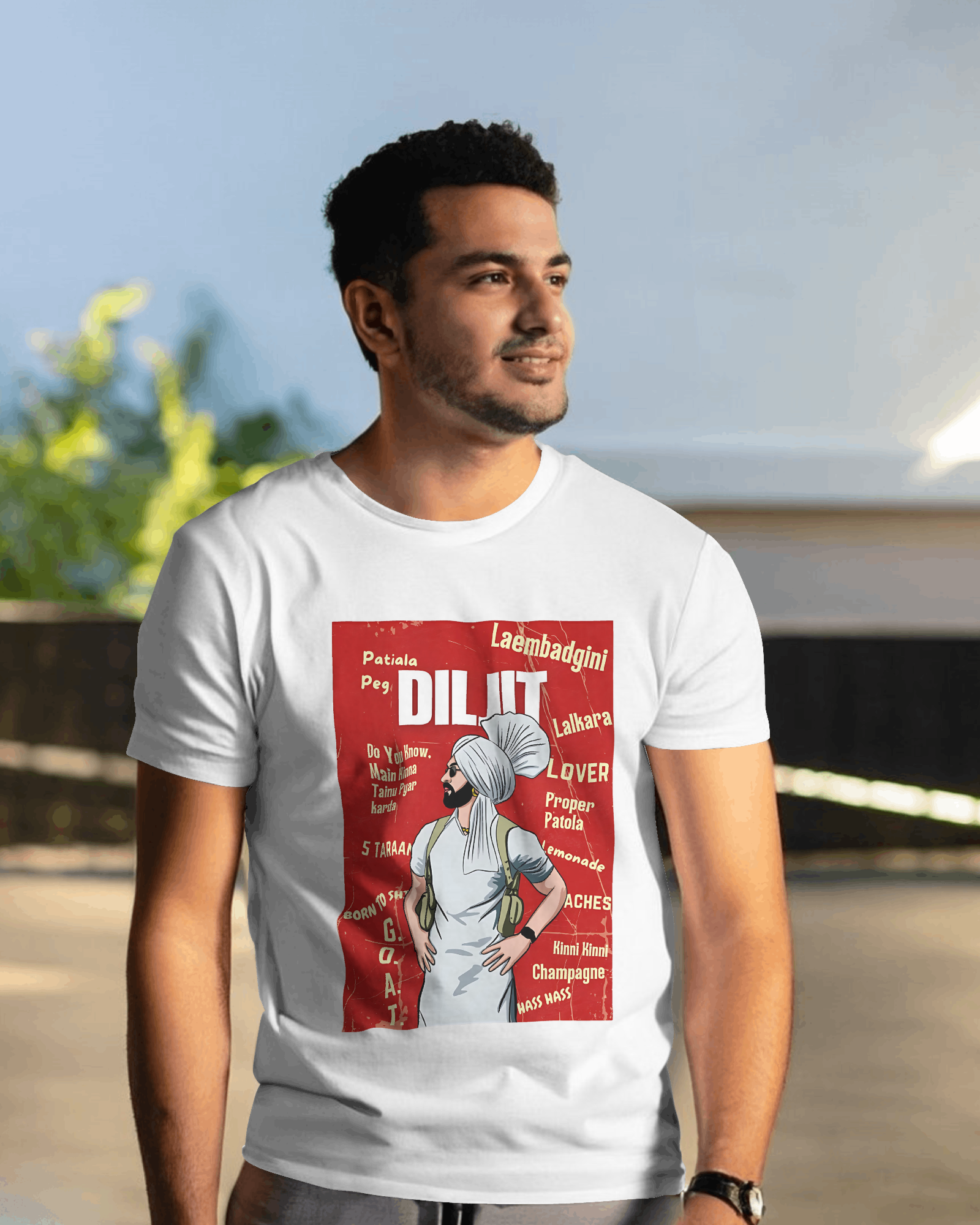 Diljit Dosanjh white t-shirt featuring a vibrant graphic of the iconic Punjabi singer. Made from premium cotton, this t-shirt offers a soft, comfortable fit and is perfect for fans looking to celebrate their favorite artist in style.