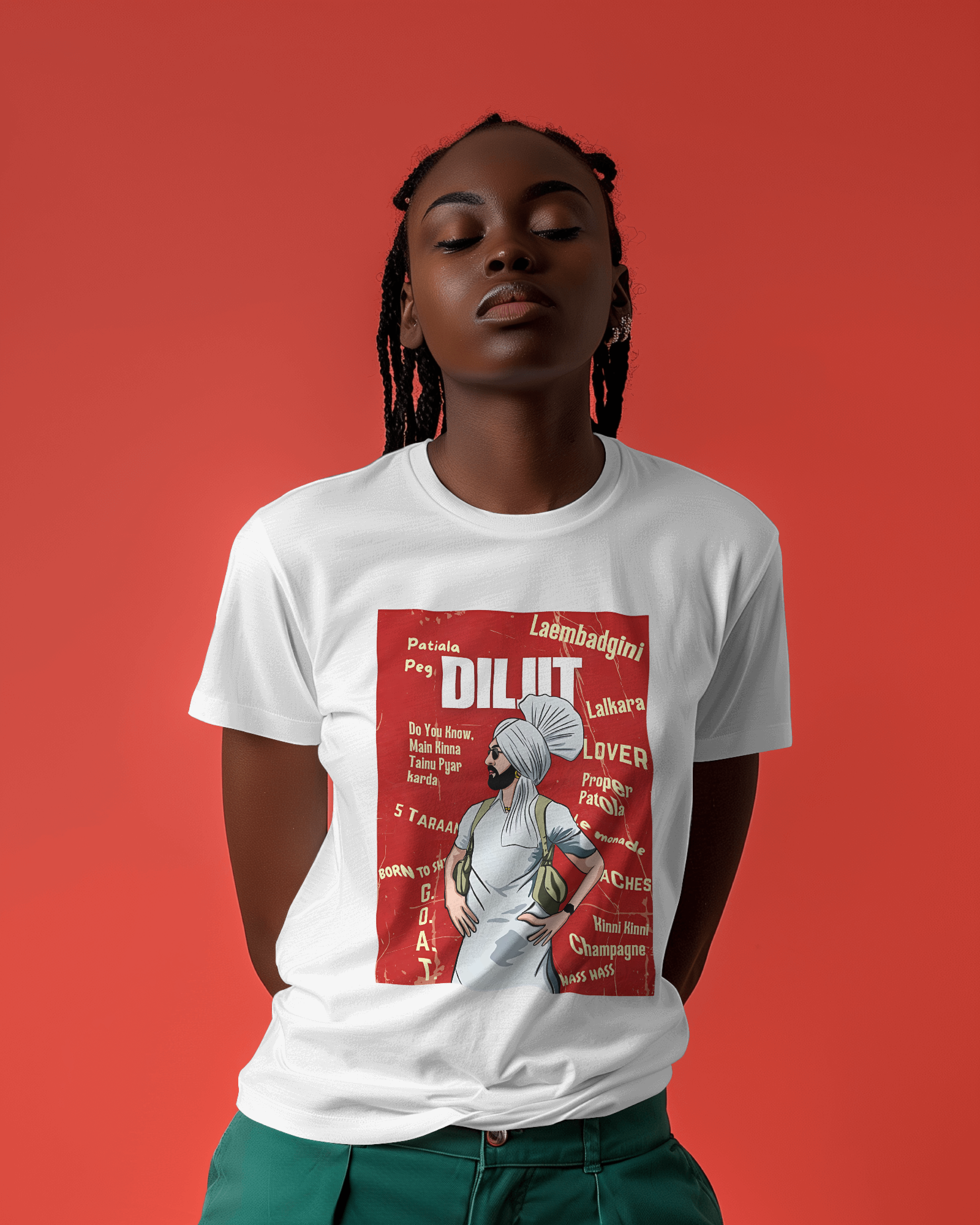 Diljit Dosanjh white t-shirt featuring a vibrant graphic of the iconic Punjabi singer. Made from premium cotton, this t-shirt offers a soft, comfortable fit and is perfect for fans looking to celebrate their favorite artist in style.