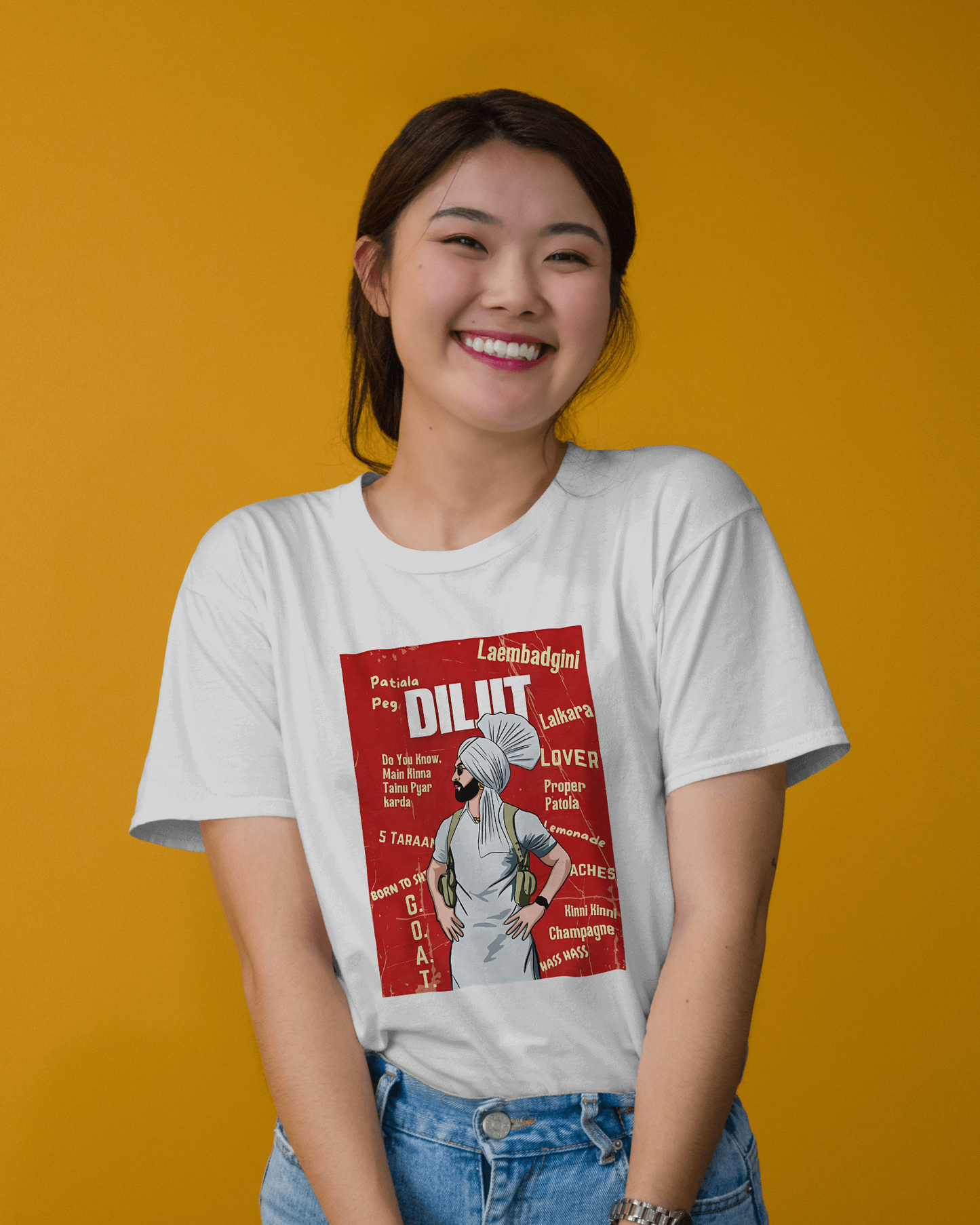 Diljit Dosanjh white t-shirt featuring a vibrant graphic of the iconic Punjabi singer. Made from premium cotton, this t-shirt offers a soft, comfortable fit and is perfect for fans looking to celebrate their favorite artist in style.