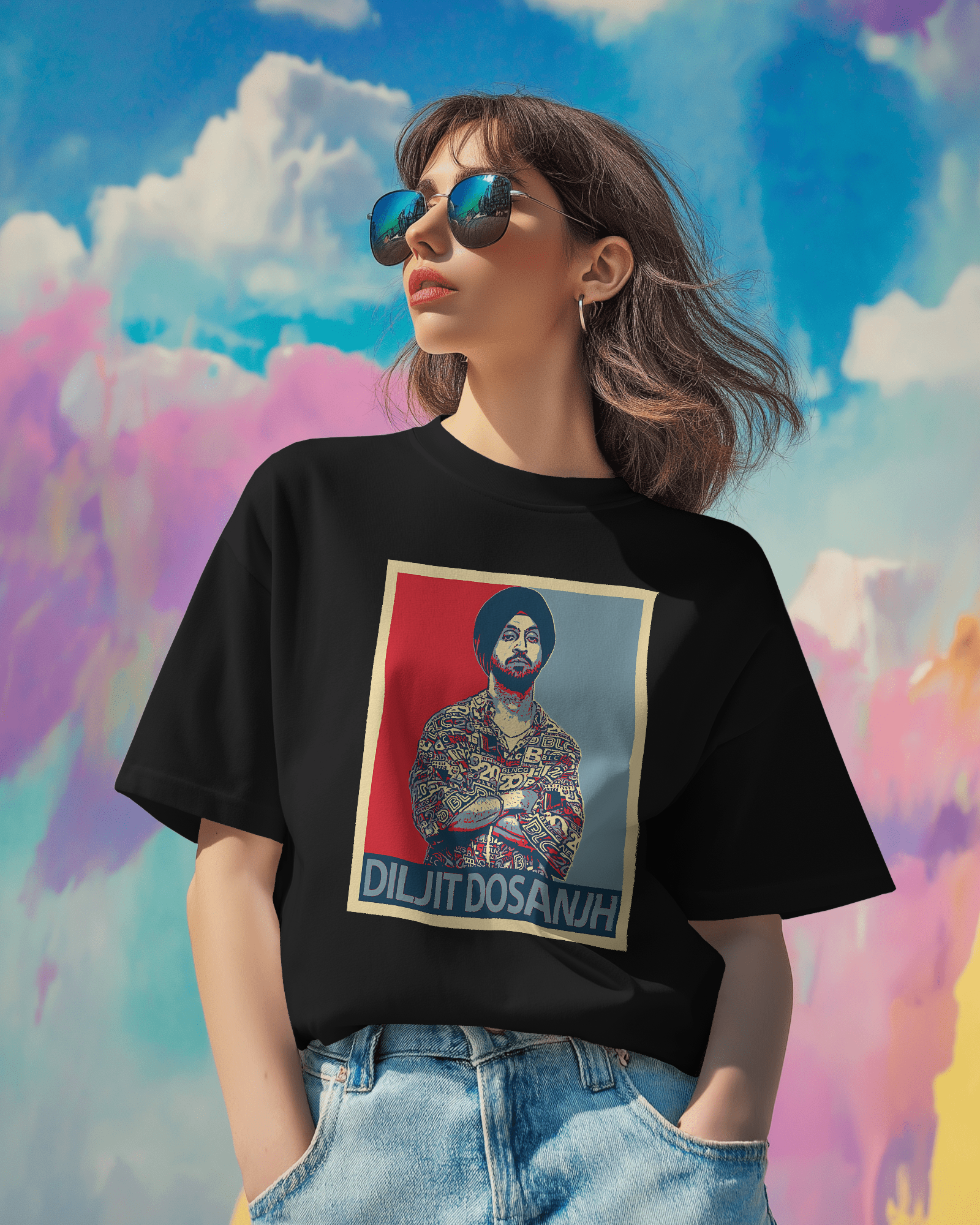 Diljit Dosanjh black t-shirt featuring a vibrant graphic of the Punjabi superstar. Made from premium cotton, this t-shirt offers a comfortable fit and is perfect for fans who want to showcase their love for the iconic artist.