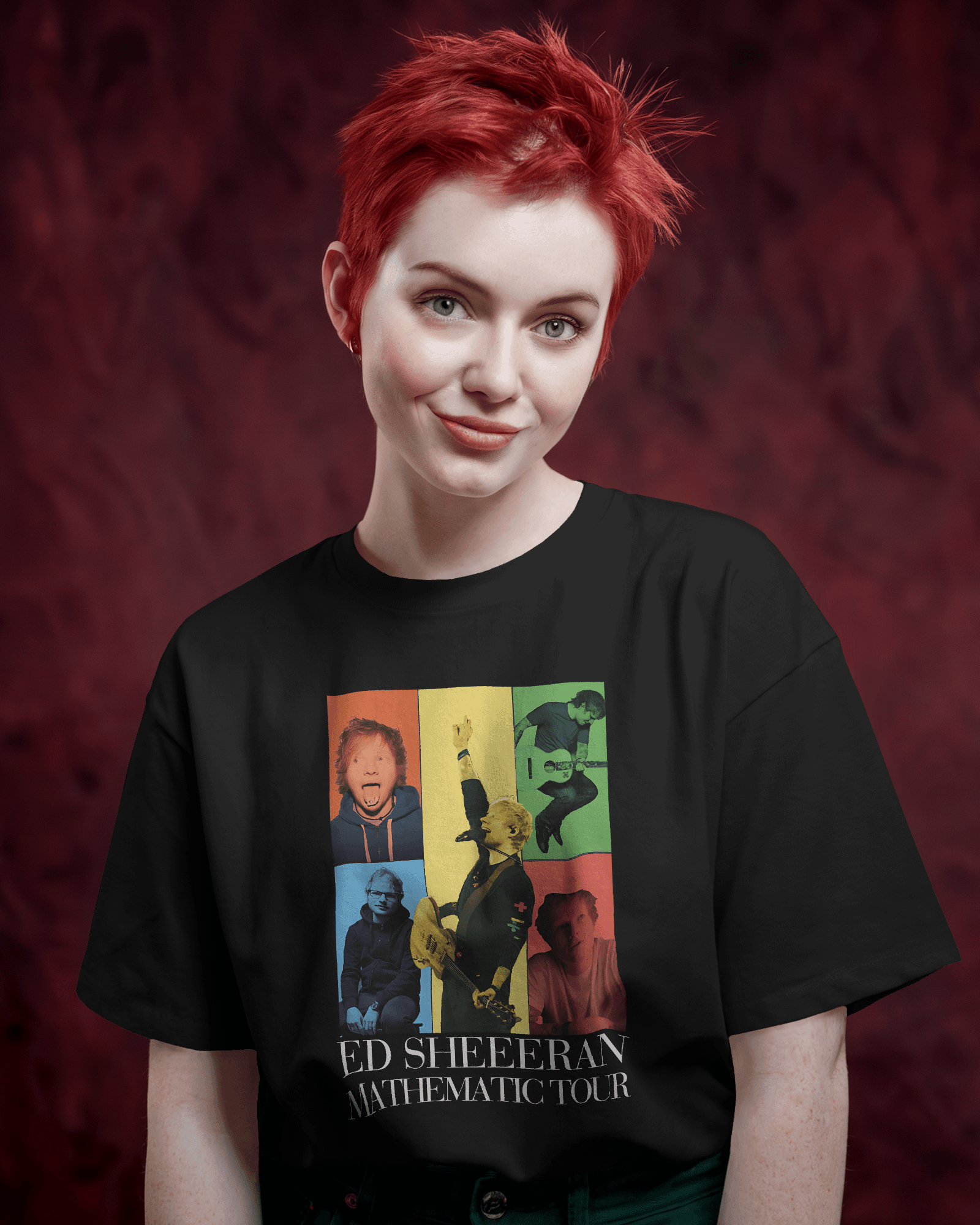 Ed Sheeran Oversized Black T-shirt by Nitorious Atelier. This black t-shirt showcases a sleek design inspired by Ed Sheeran, crafted from premium cotton. With its oversized fit, it offers a perfect blend of comfort and style for music lovers and casual wear enthusiasts.