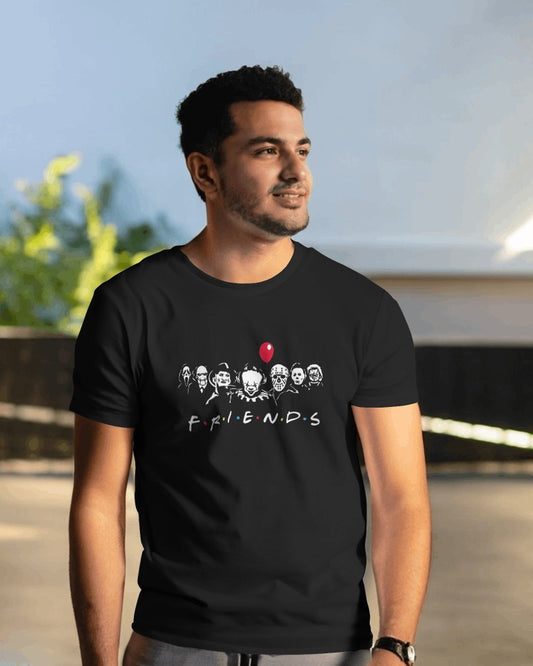 Black regular fit t-shirt from Nitorious Atelier featuring a minimalist 'Friends' graphic design. Made from premium cotton, this t-shirt offers comfort and style, perfect for casual wear.