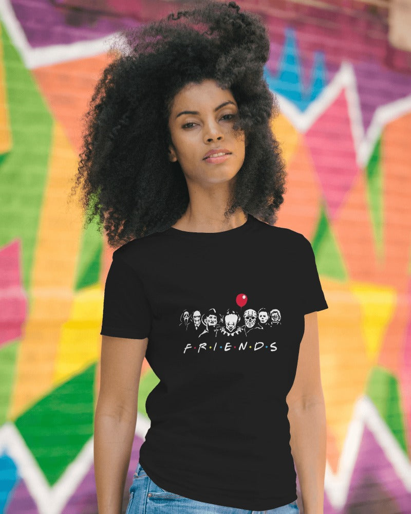 Black regular fit t-shirt from Nitorious Atelier featuring a minimalist 'Friends' graphic design. Made from premium cotton, this t-shirt offers comfort and style, perfect for casual wear.