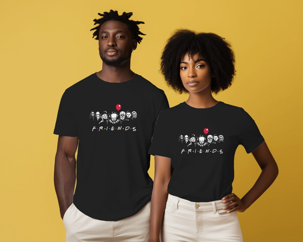 Black regular fit t-shirt from Nitorious Atelier featuring a minimalist 'Friends' graphic design. Made from premium cotton, this t-shirt offers comfort and style, perfect for casual wear.