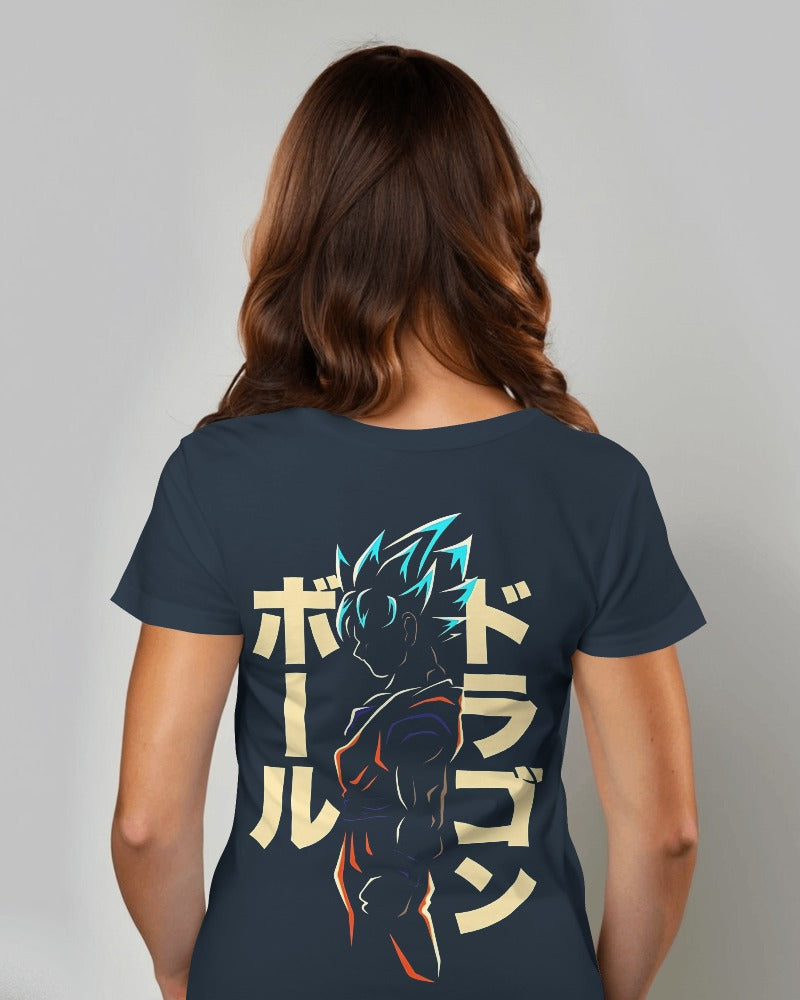 Blue Goku graphic t-shirt from Nitorious Atelier featuring a vibrant, detailed print of Goku in action. Made from premium cotton, this t-shirt offers comfort and style for fans of anime.