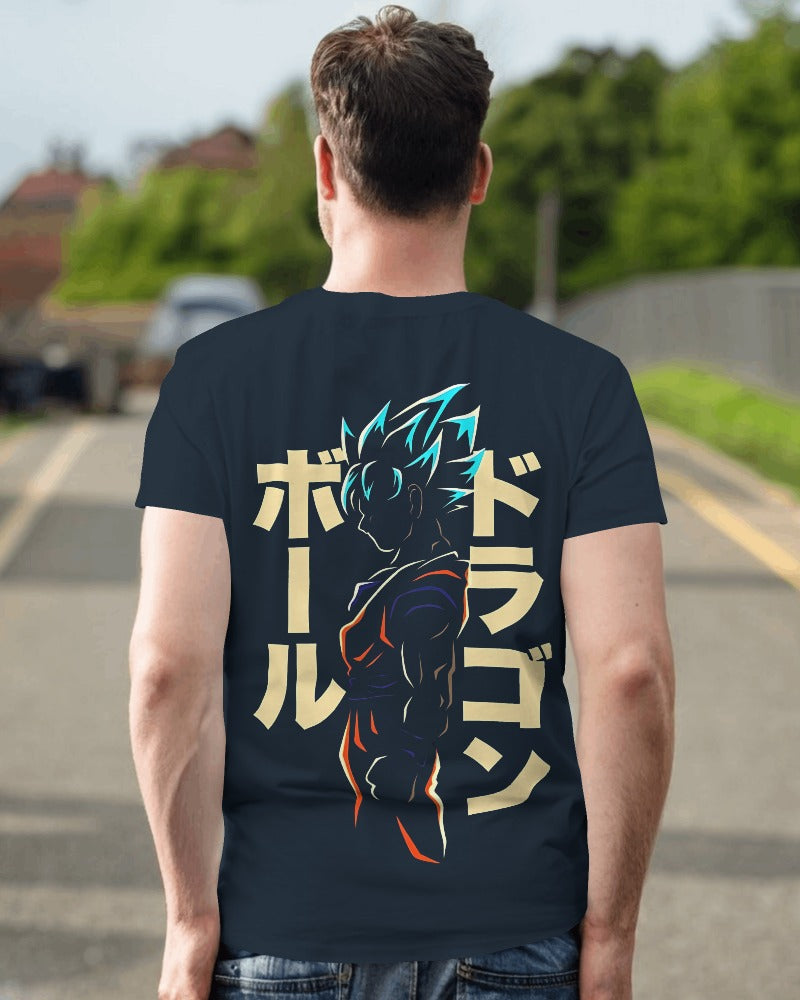 Blue Goku graphic t-shirt from Nitorious Atelier featuring a vibrant, detailed print of Goku in action. Made from premium cotton, this t-shirt offers comfort and style for fans of anime.