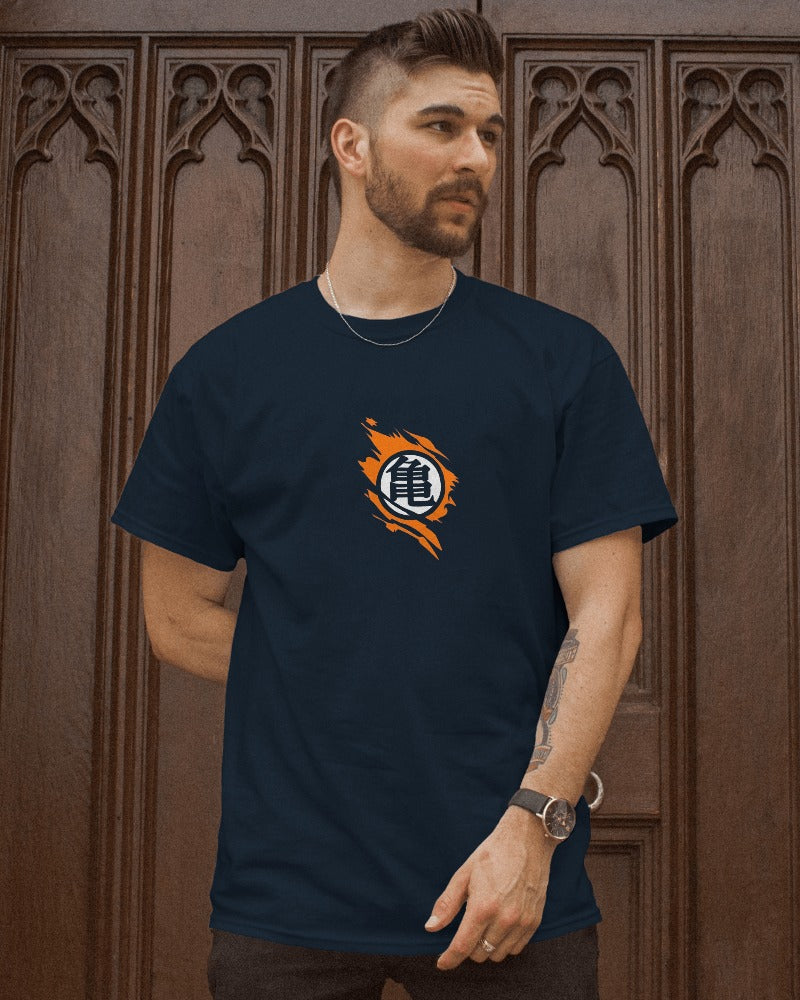 Blue Goku graphic t-shirt from Nitorious Atelier featuring a vibrant, detailed print of Goku in action. Made from premium cotton, this t-shirt offers comfort and style for fans of anime.