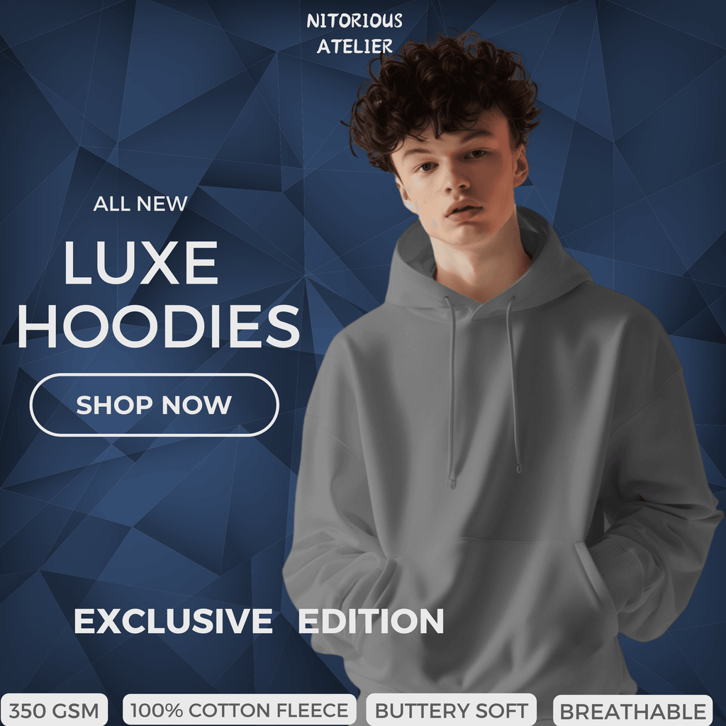 Nitorious Atelier grey Luxe hoodie made from premium cotton fleece, offering a soft and cozy fit. This hoodie features a sleek design and versatile color, perfect for adding a touch of luxury to your casual wardrobe.