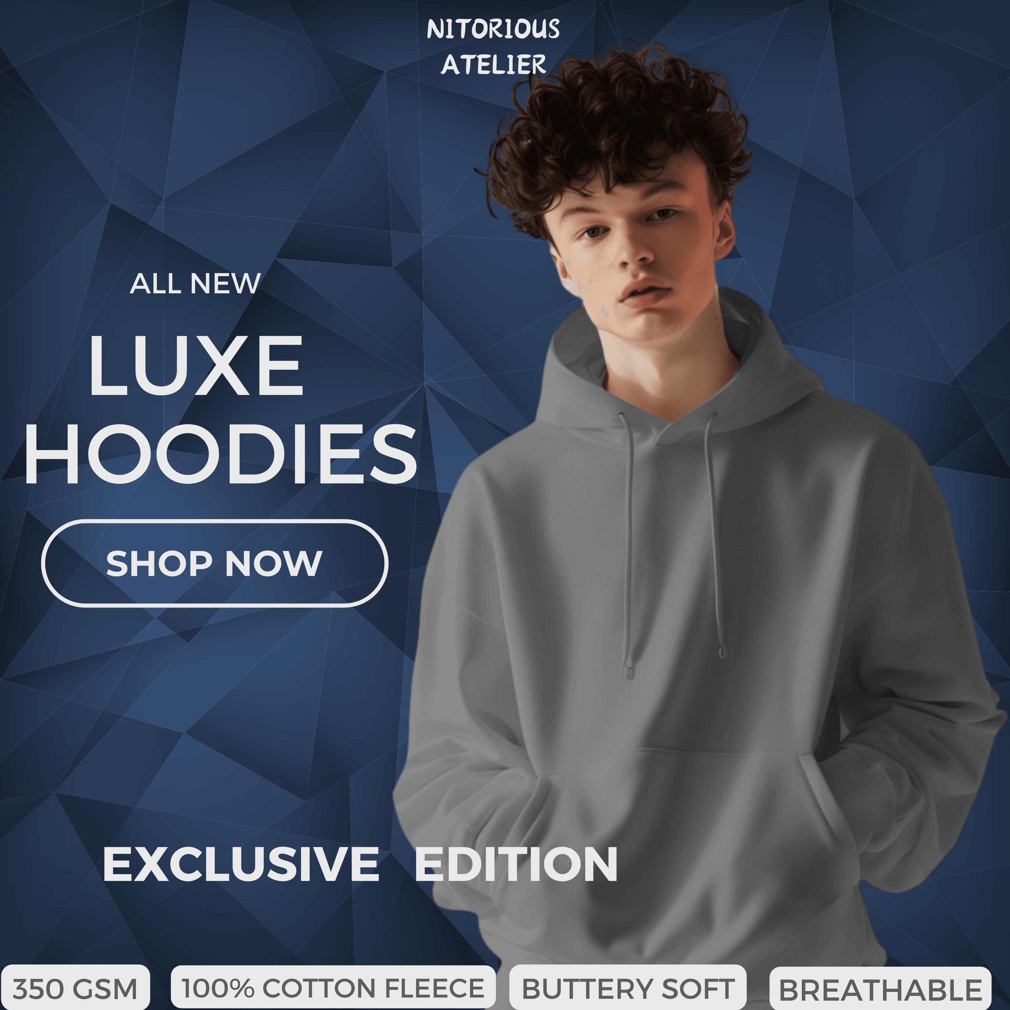 Nitorious Atelier grey Luxe hoodie made from premium cotton fleece, offering a soft and cozy fit. This hoodie features a sleek design and versatile color, perfect for adding a touch of luxury to your casual wardrobe.