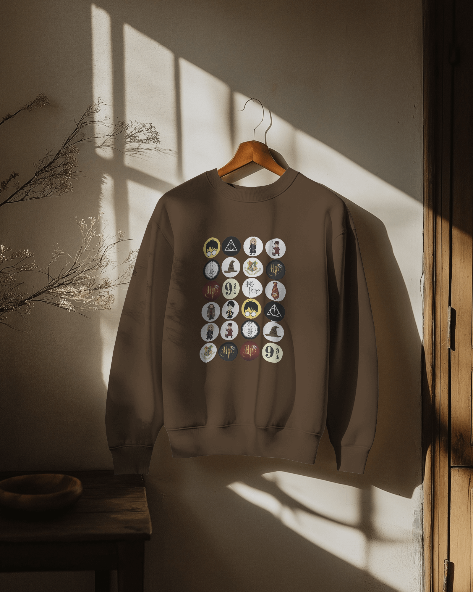 Brown sweatshirt featuring a classic 'Harry Potter' themed design. Crafted from premium fleece fabric, this cosy and stylish sweatshirt is perfect for showcasing your love for magic and adventure while staying warm.