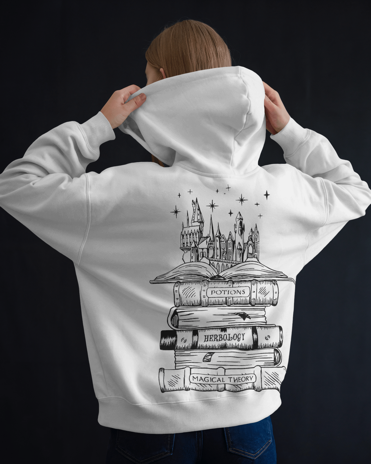 White hoodie featuring a Harry Potter-inspired design from Nitorious Atelier. Made from 100% premium cotton fleece, this hoodie offers a cosy fit, perfect for fans of the Wizarding World who value comfort and style.