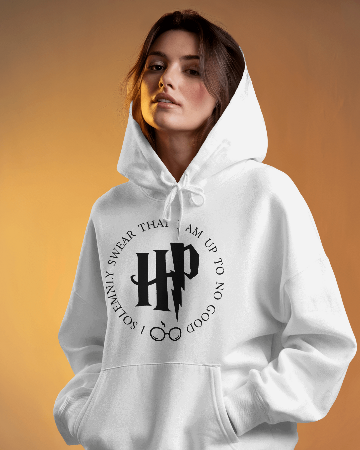 White hoodie featuring a Harry Potter-inspired design from Nitorious Atelier. Made from 100% premium cotton fleece, this hoodie offers a cosy fit, perfect for fans of the Wizarding World who value comfort and style.