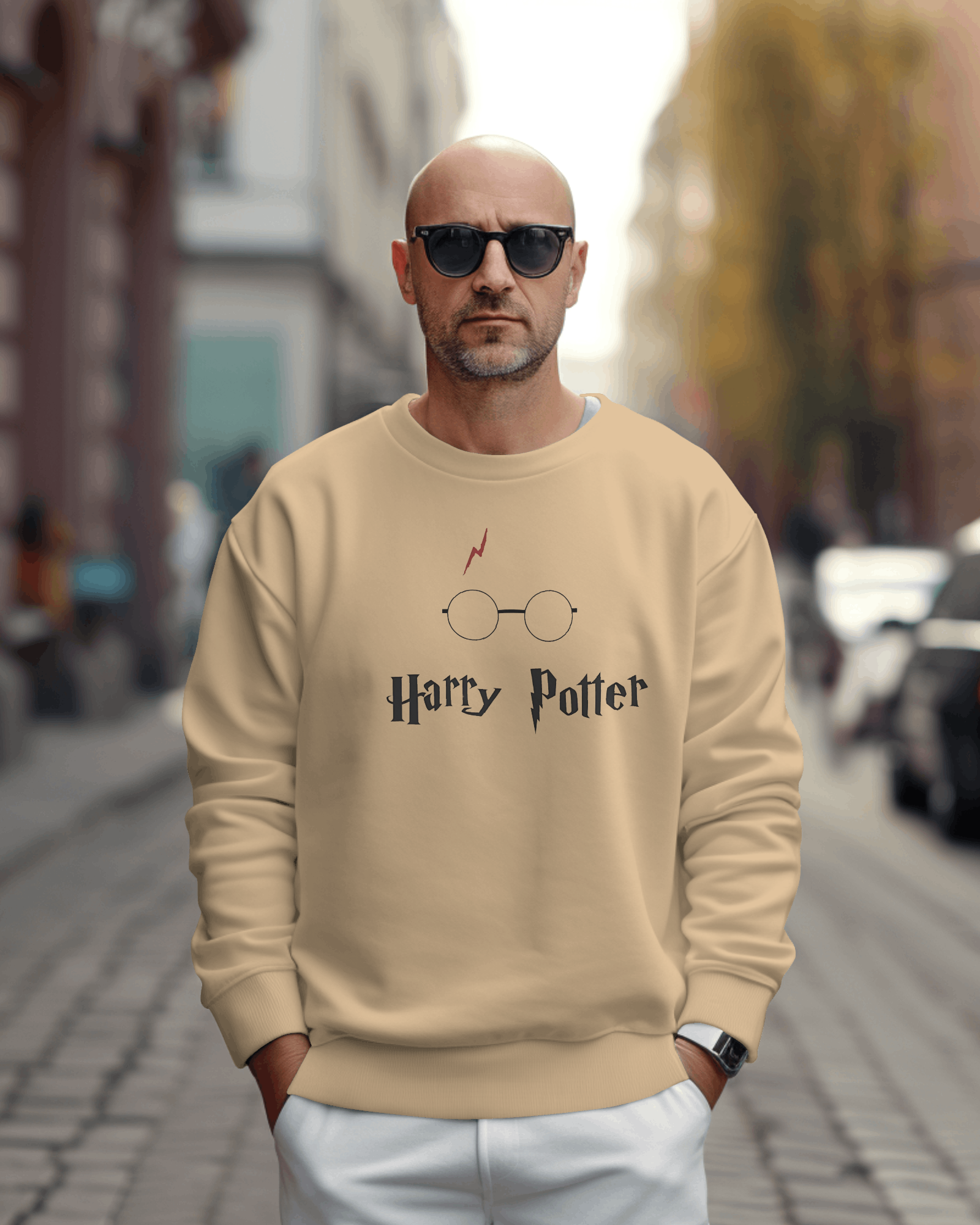 Beige Harry Potter sweatshirt featuring a magical graphic inspired by the iconic series. Crafted from premium cotton fleece, this sweatshirt offers a cozy, soft fit, perfect for fans who want to stay warm while showcasing their love for the wizarding world.