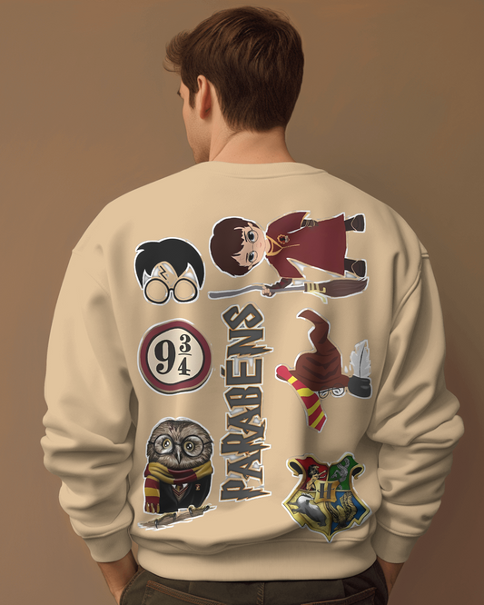 Beige Harry Potter sweatshirt featuring a magical graphic inspired by the iconic series. Crafted from premium cotton fleece, this sweatshirt offers a cozy, soft fit, perfect for fans who want to stay warm while showcasing their love for the wizarding world.