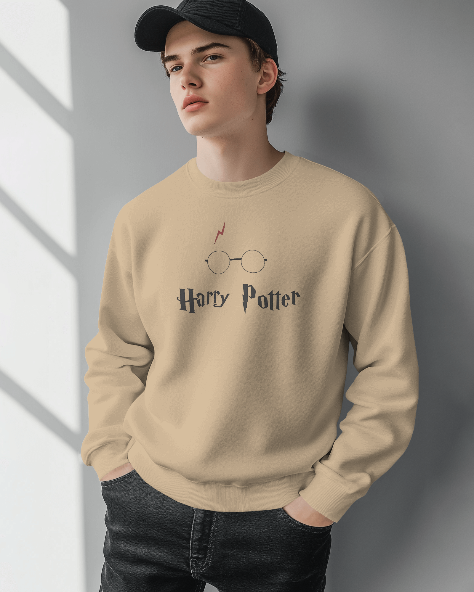 Beige Harry Potter sweatshirt featuring a magical graphic inspired by the iconic series. Crafted from premium cotton fleece, this sweatshirt offers a cozy, soft fit, perfect for fans who want to stay warm while showcasing their love for the wizarding world.