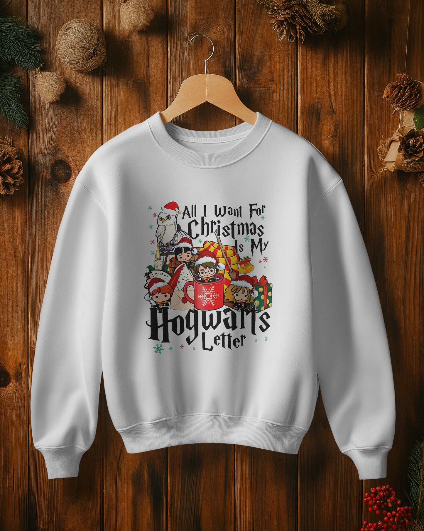 White sweatshirt featuring a festive 'Harry Potter' and 'Merry Christmas' design. Made from premium fleece fabric, this cosy and stylish sweatshirt adds a magical touch to your holiday celebrations while keeping you warm.