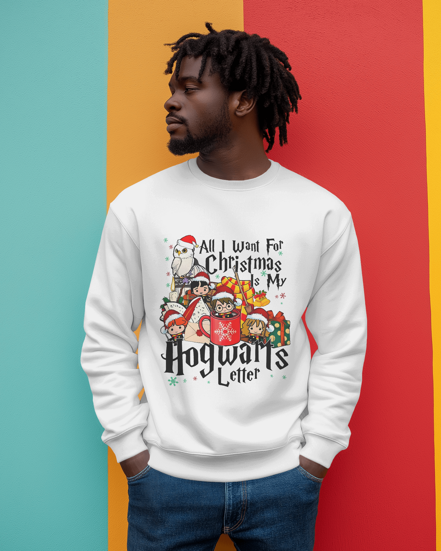 White sweatshirt featuring a festive 'Harry Potter' and 'Merry Christmas' design. Made from premium fleece fabric, this cosy and stylish sweatshirt adds a magical touch to your holiday celebrations while keeping you warm.