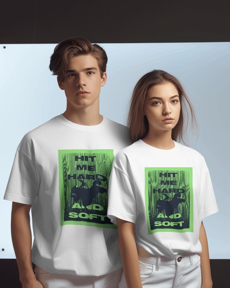 White oversized t-shirt from Nitorious Atelier featuring a Billie Eilish "Hit Me Hard and Soft" graphic. Made from premium cotton, this t-shirt combines a bold design with ultimate comfort for all Billie Eilish fans.