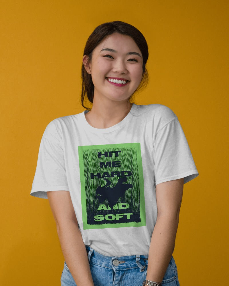 White oversized t-shirt from Nitorious Atelier featuring a Billie Eilish "Hit Me Hard and Soft" graphic. Made from premium cotton, this t-shirt combines a bold design with ultimate comfort for all Billie Eilish fans.