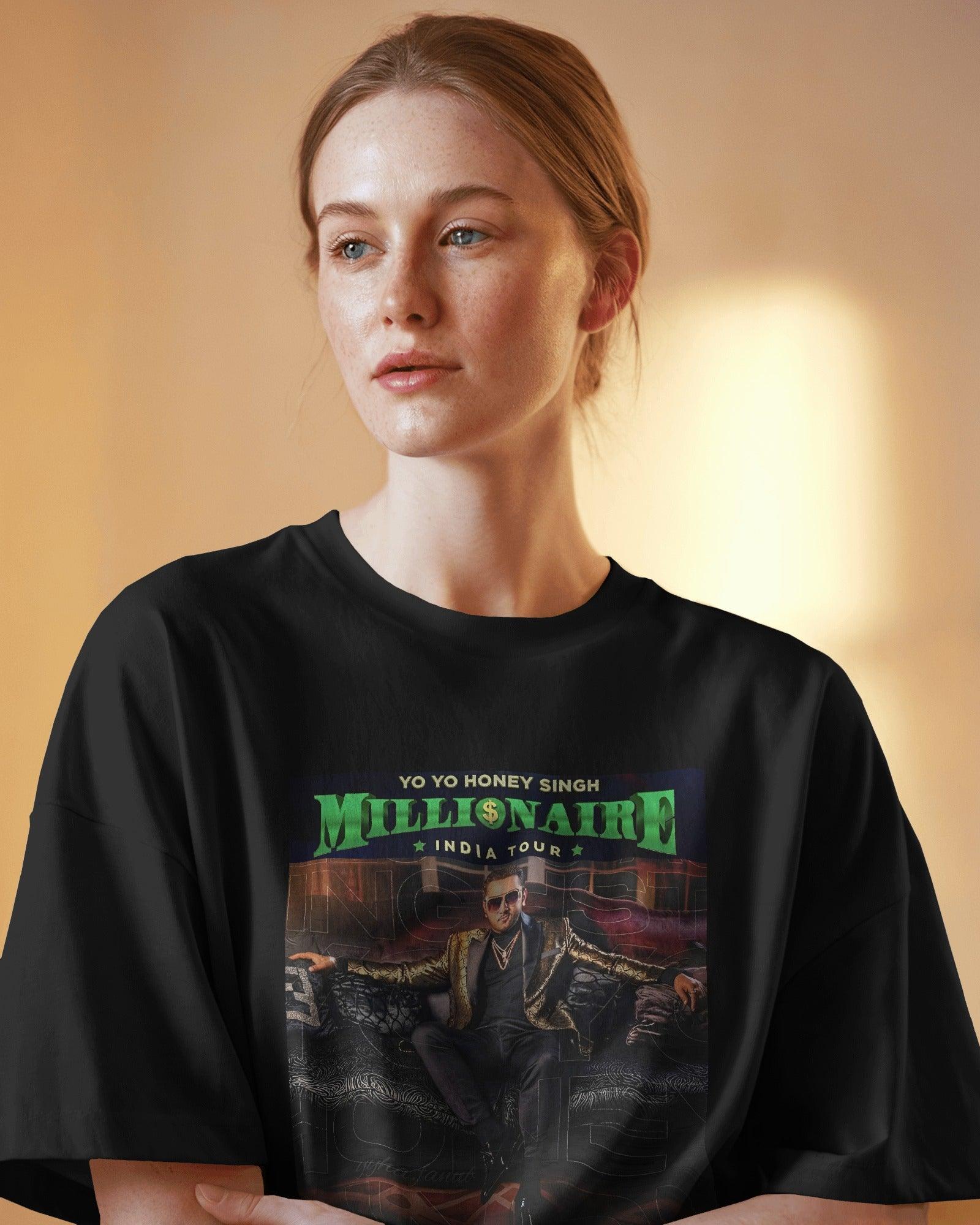 Black oversized t-shirt from Nitorious Atelier featuring the "Honey Singh Million Tour" graphic print. Made from premium cotton, this t-shirt offers a soft feel, durable fabric, and a relaxed fit for ultimate comfort and style.