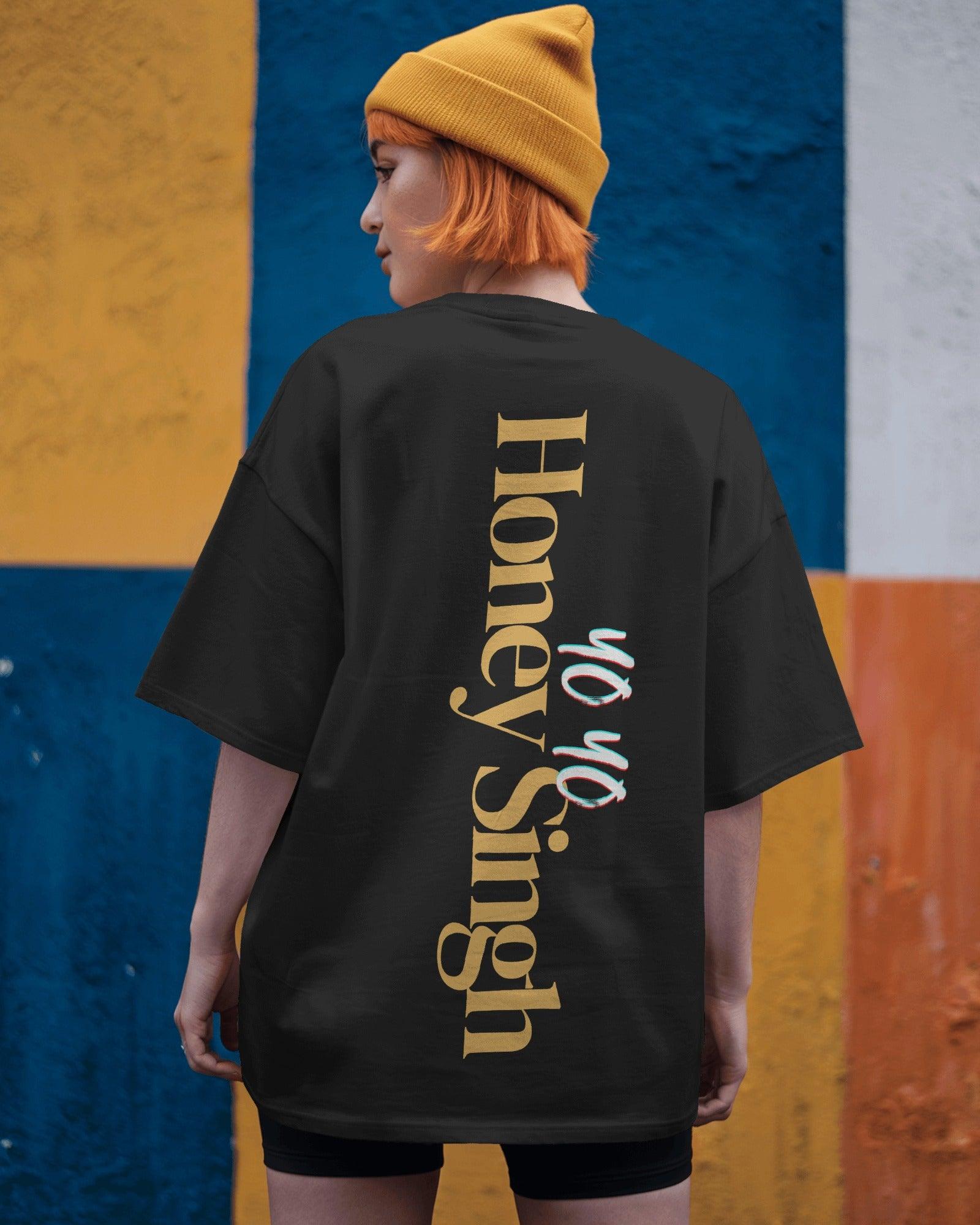 Black oversized t-shirt from Nitorious Atelier featuring the "Honey Singh Million Tour" graphic print. Made from premium cotton, this t-shirt offers a soft feel, durable fabric, and a relaxed fit for ultimate comfort and style.