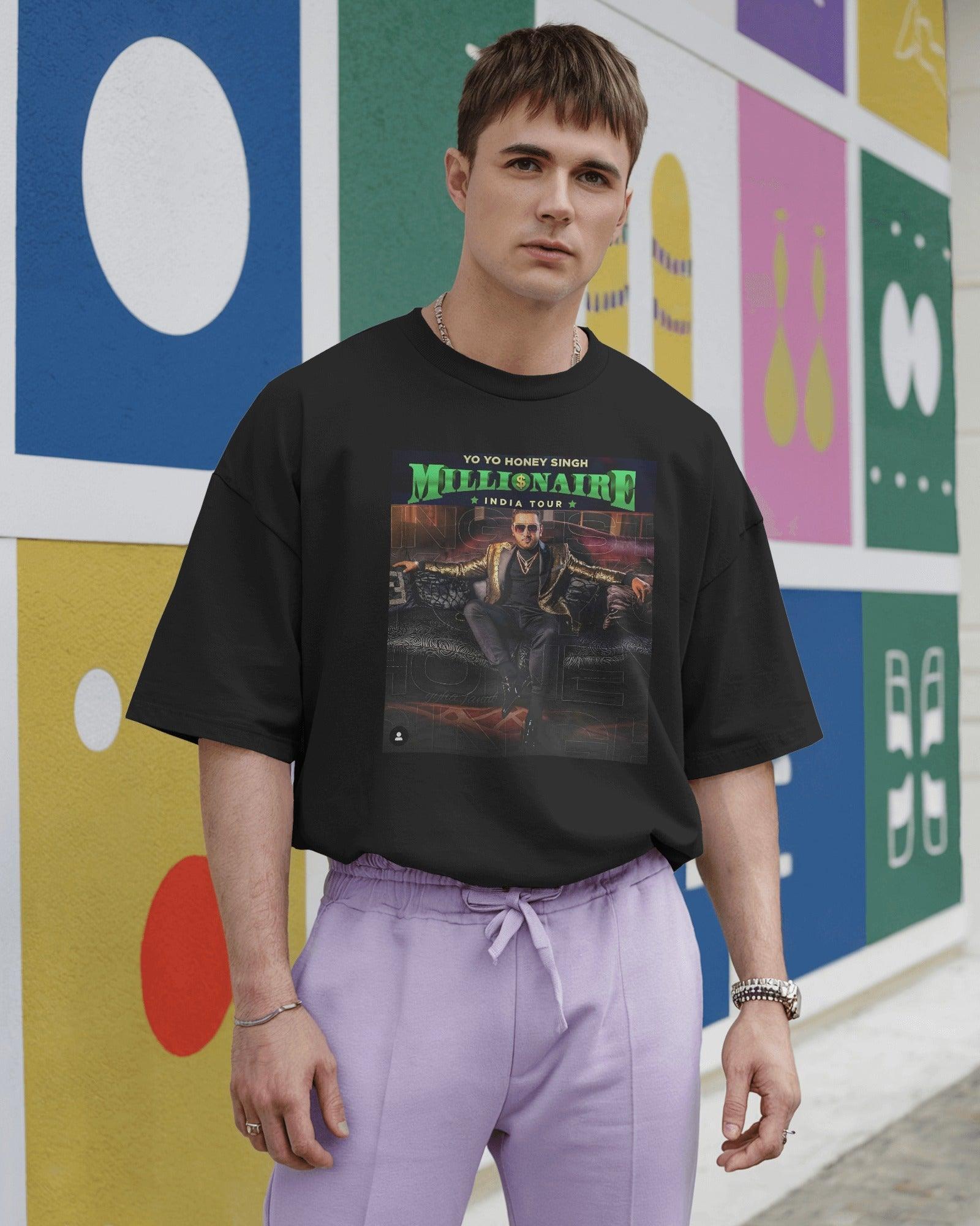 Black oversized t-shirt from Nitorious Atelier featuring the "Honey Singh Million Tour" graphic print. Made from premium cotton, this t-shirt offers a soft feel, durable fabric, and a relaxed fit for ultimate comfort and style.