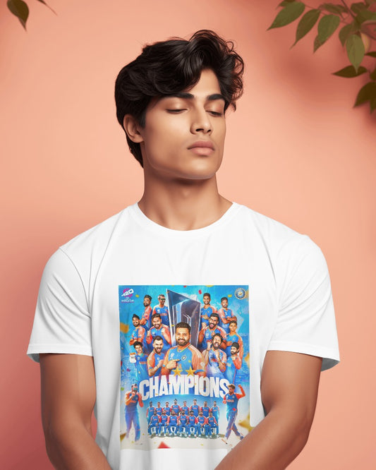 Celebrate India's T20 championship win with this white t-shirt from Nitorious Atelier. Featuring a vibrant design commemorating the victory, this t-shirt is made from premium cotton for ultimate comfort and durability. Perfect for any cricket fan looking to show their support in style.