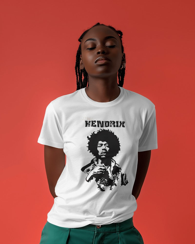 White regular fit t-shirt featuring a vibrant Jimi Hendrix graphic print. Made from premium cotton, this t-shirt offers comfort and a classic rock-inspired style, perfect for music lovers.