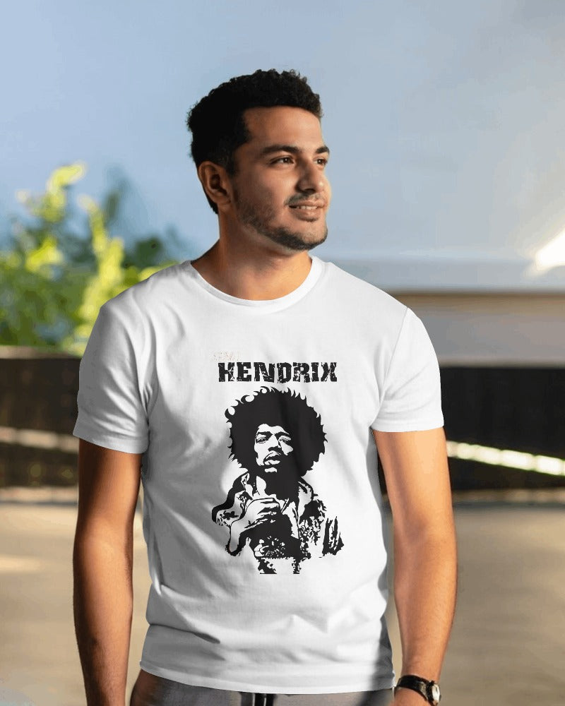 White regular fit t-shirt featuring a vibrant Jimi Hendrix graphic print. Made from premium cotton, this t-shirt offers comfort and a classic rock-inspired style, perfect for music lovers.