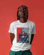 Person wearing a white t-shirt with a graphic design and text on a red background