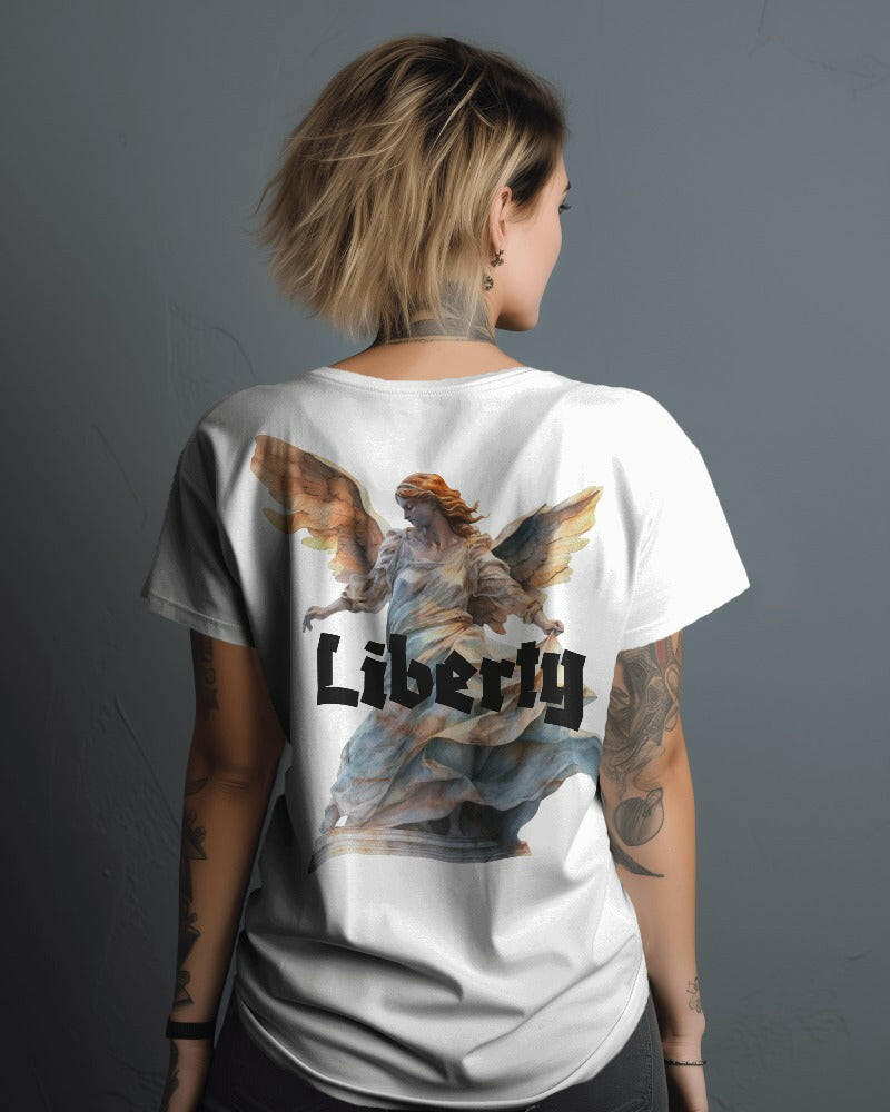  A striking t-shirt featuring a detailed and artistic graphic of the Liberty. Made from premium cotton fabric, this oversized fit t-shirt offers both comfort and a statement-making style, perfect for casual wear and expressing your love for iconic symbols.