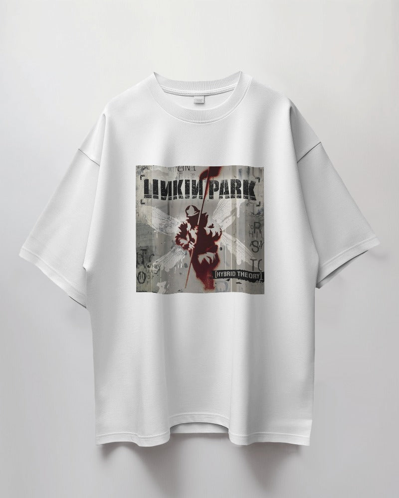 Linkin oversized white t-shirt from Nitorious Atelier featuring a striking Linkin Park graphic in black. Made from premium cotton, this t-shirt offers a relaxed fit and a cool, distinctive style.