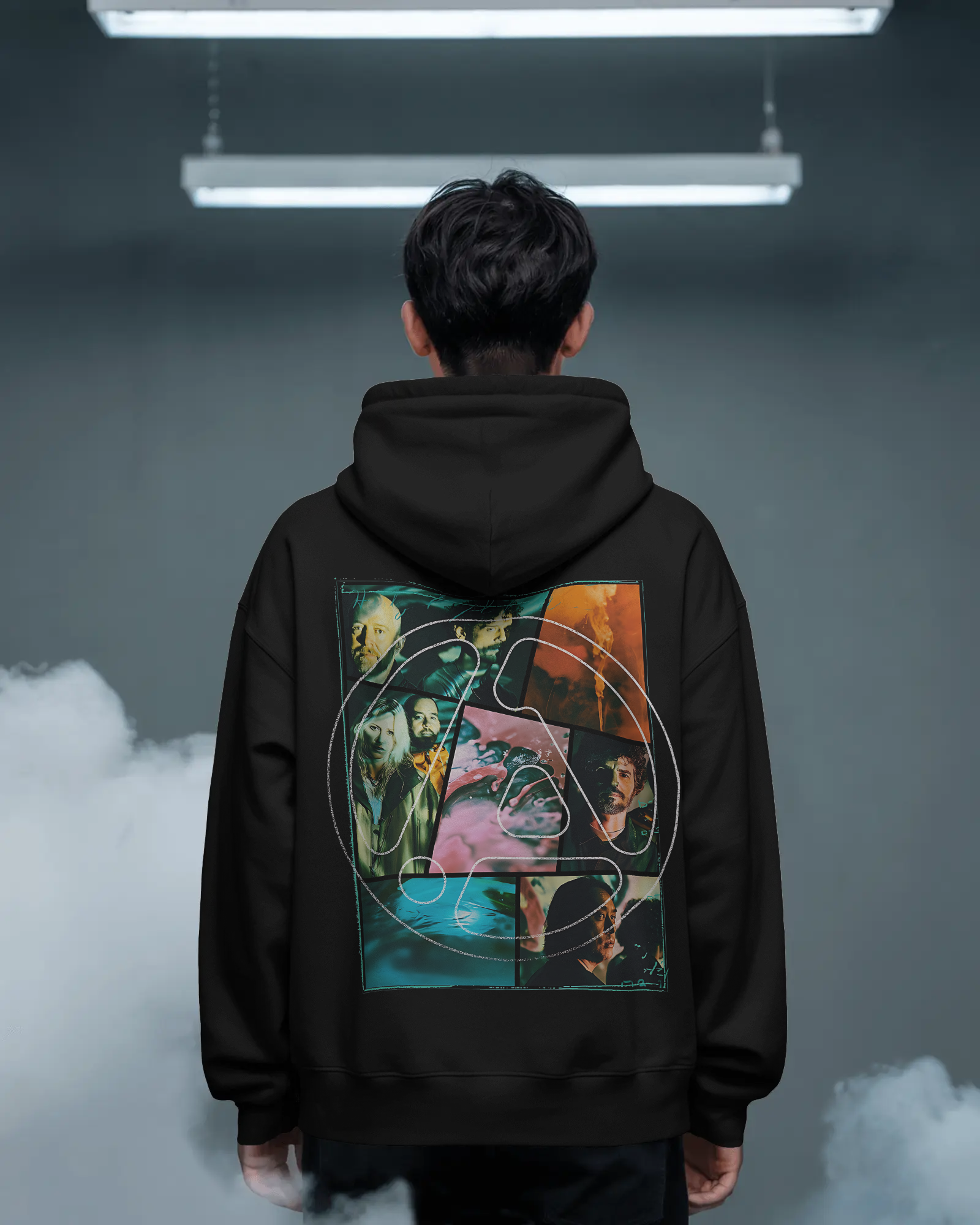 Model wearing Nitorious Atelier Linkin Park From Zero Black Luxe Hoodie with bold graphic print on front and back.