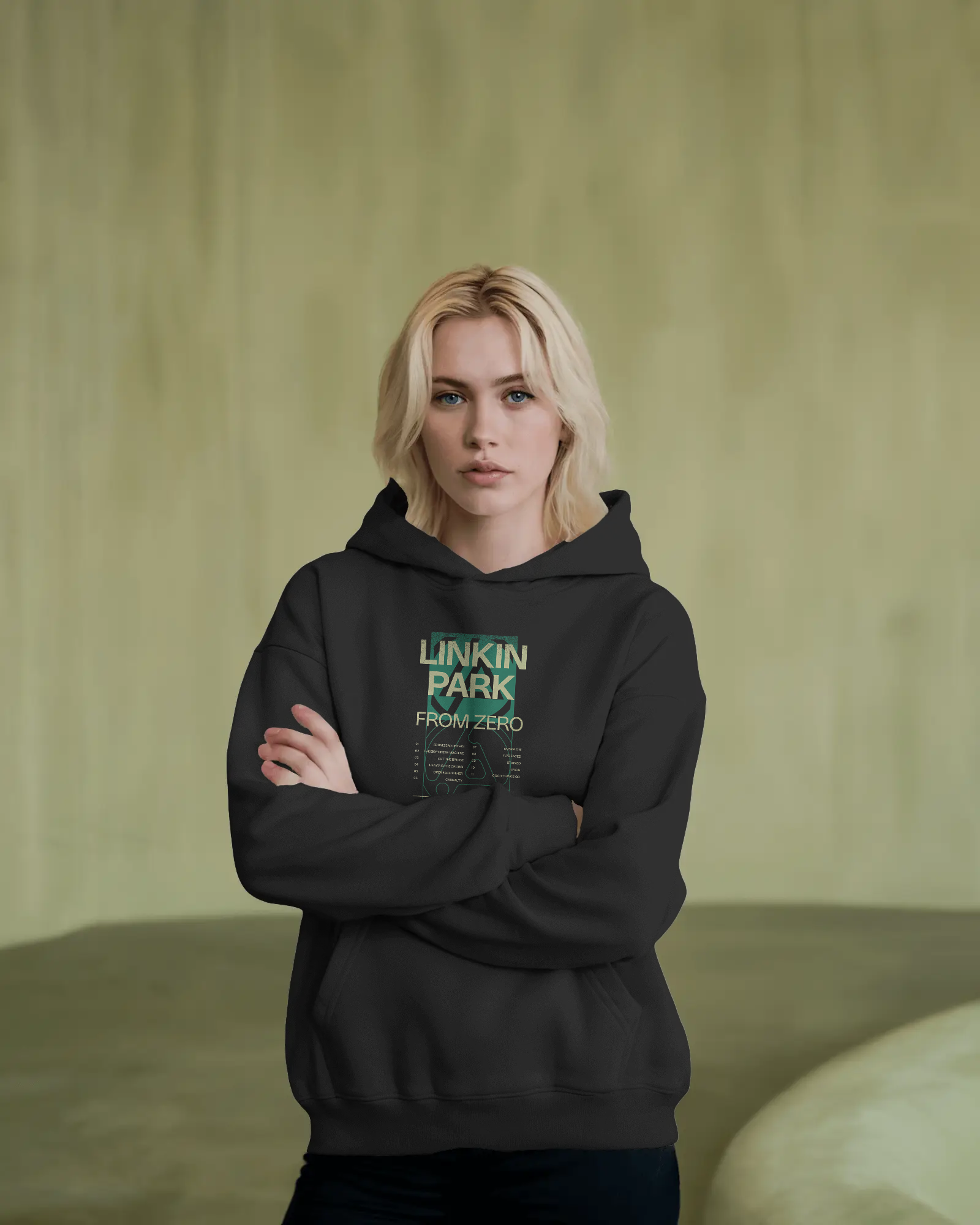 Model wearing Nitorious Atelier Linkin Park From Zero Black Luxe Hoodie with bold graphic print on front and back.