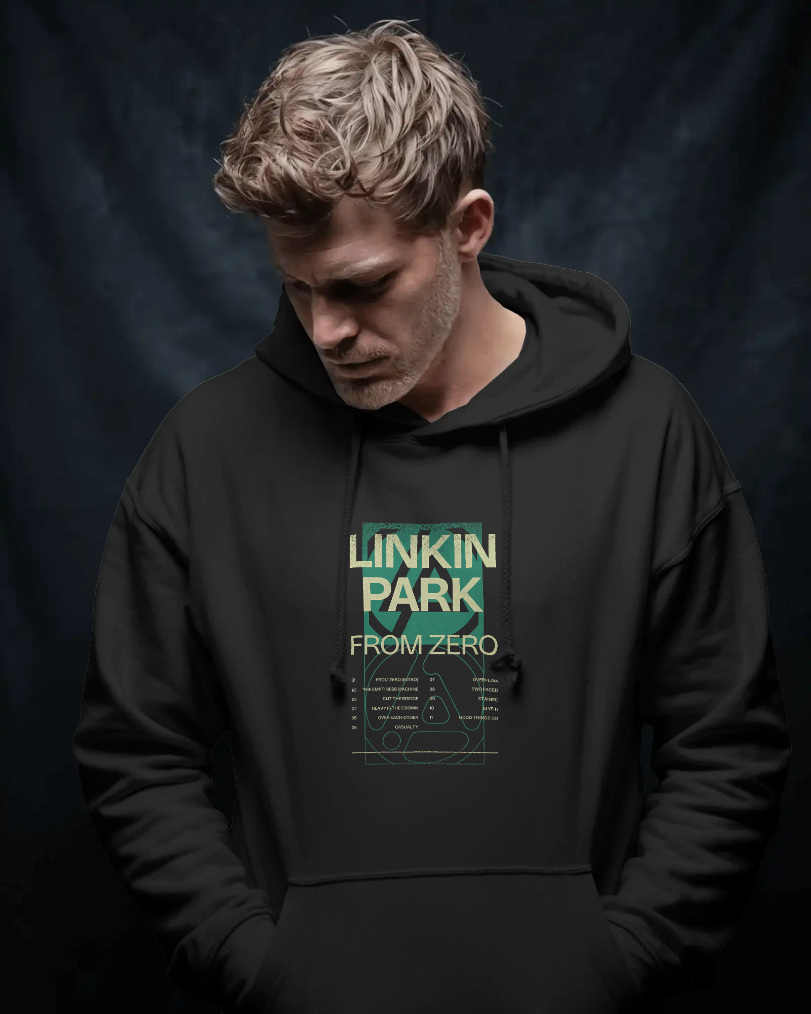 Model wearing Nitorious Atelier Linkin Park From Zero Black Luxe Hoodie with bold graphic print on front and back.
