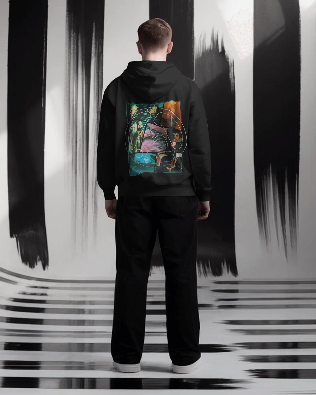 Model wearing Nitorious Atelier Linkin Park From Zero Black Luxe Hoodie with bold graphic print on front and back.