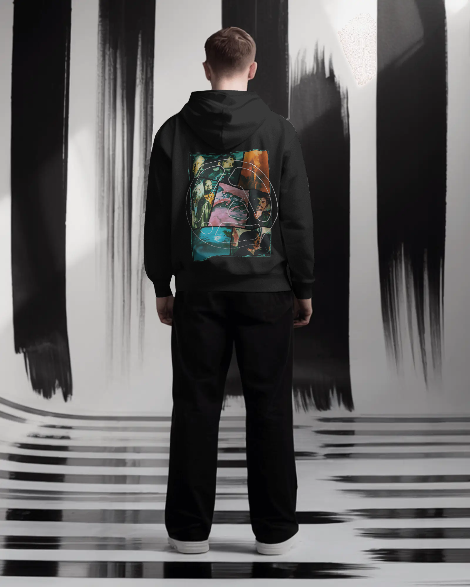 Model wearing Nitorious Atelier Linkin Park From Zero Black Luxe Hoodie with bold graphic print on front and back.