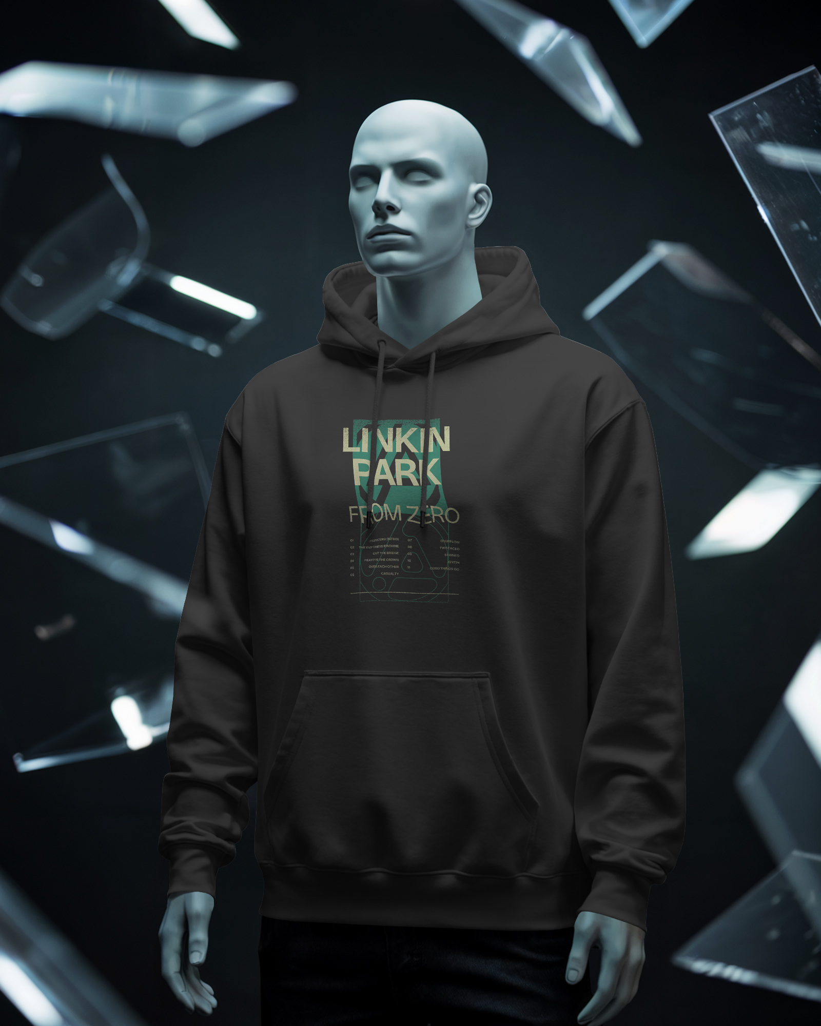 Model wearing Nitorious Atelier Linkin Park From Zero Black Luxe Hoodie with bold graphic print on front and back.