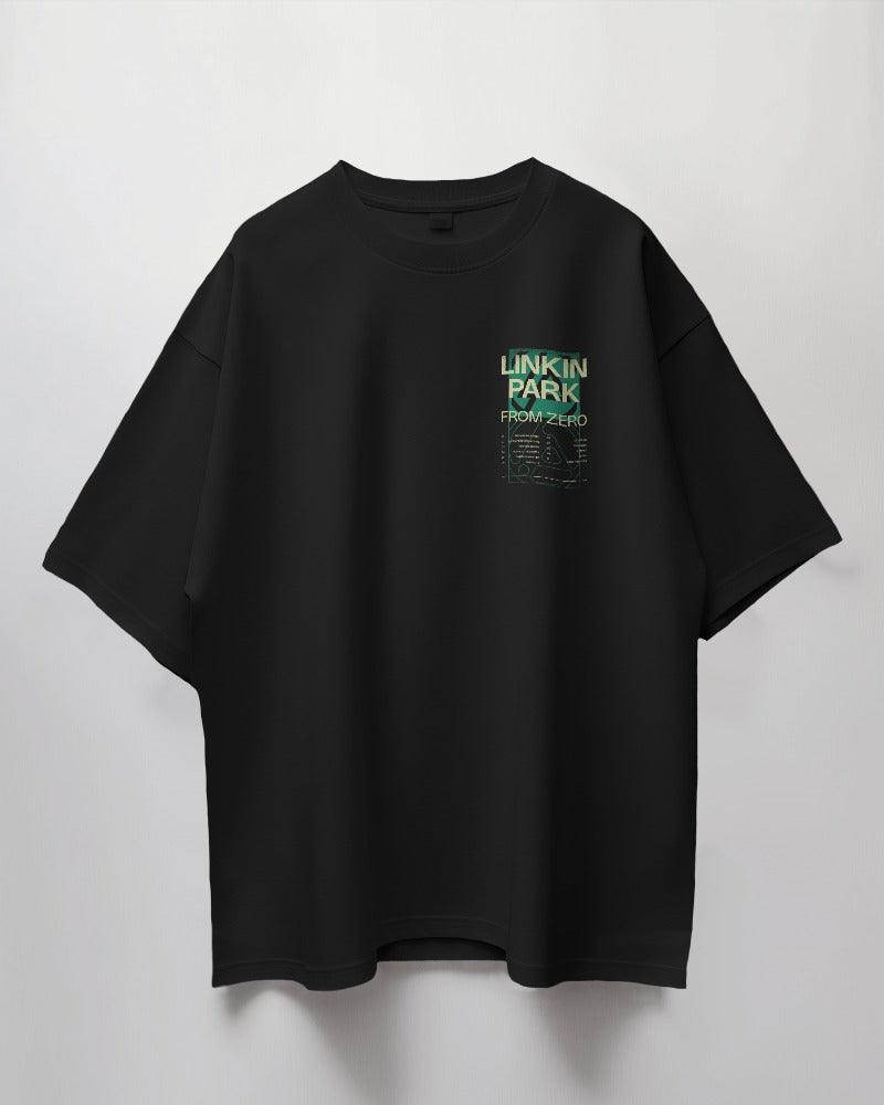 Black t-shirt from Nitorious Atelier featuring a bold 'Linkin Park From Zero' graphic print. Made from premium cotton, this t-shirt offers a comfortable fit with a striking design inspired by the iconic band.