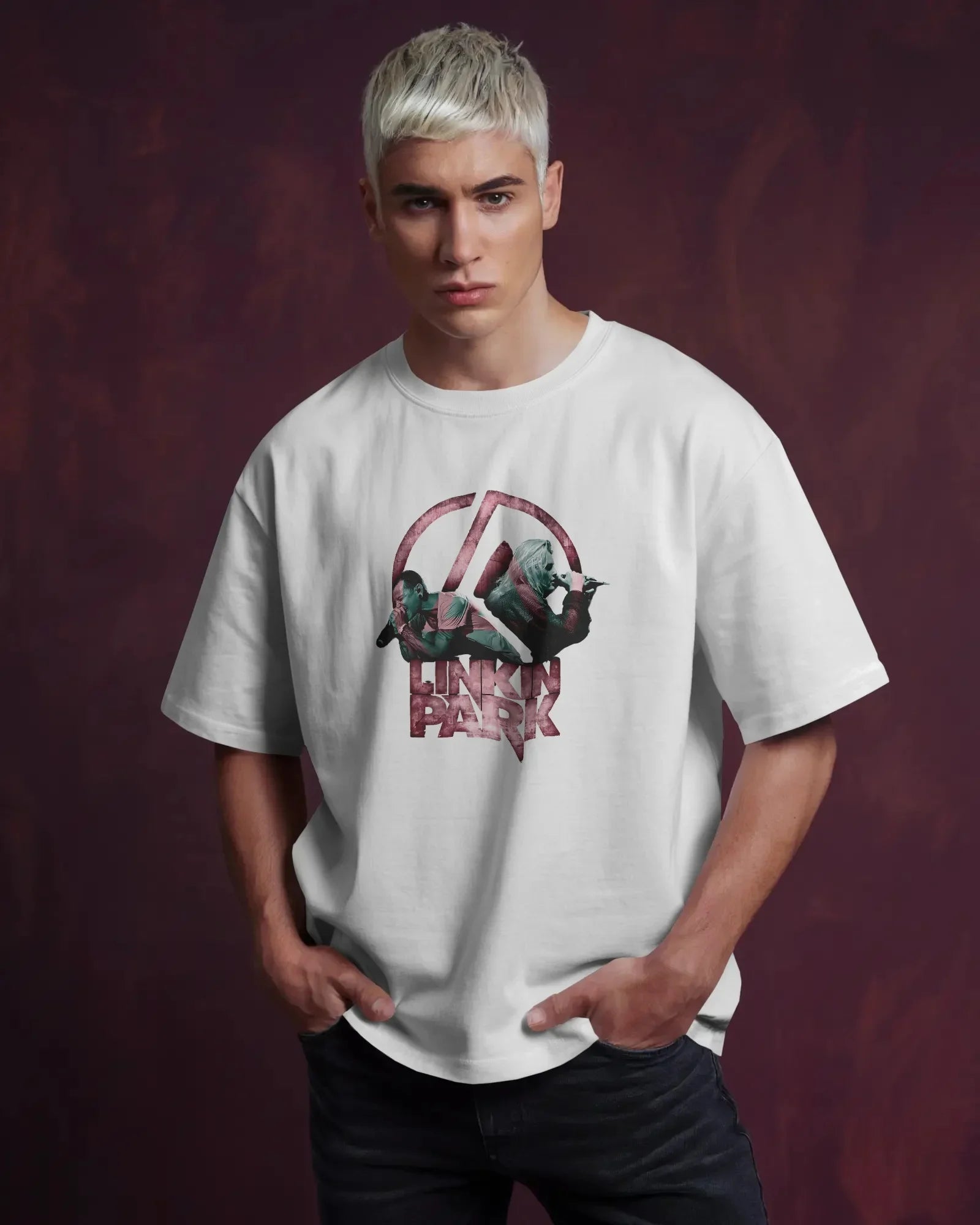 White oversized "Linkin Park From Zero" t-shirt from Nitorious Atelier, featuring a bold graphic inspired by the iconic band. Made from premium cotton, this tshirt offers a relaxed fit, exceptional comfort, and lasting durability