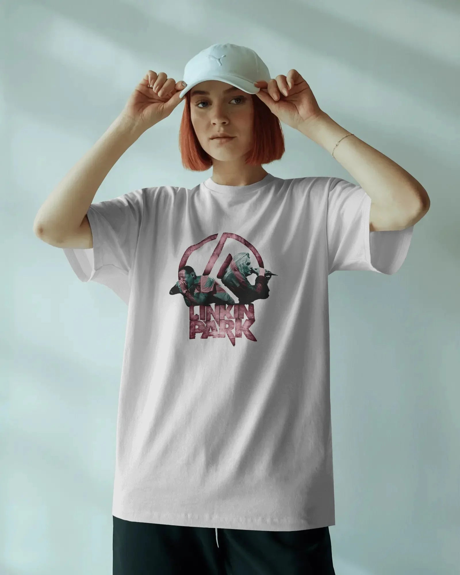 White oversized "Linkin Park From Zero" t-shirt from Nitorious Atelier, featuring a bold graphic inspired by the iconic band. Made from premium cotton, this tshirt offers a relaxed fit, exceptional comfort, and lasting durability