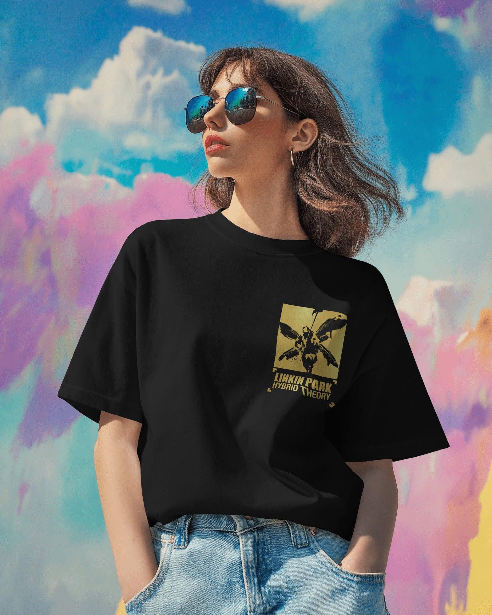 Black oversized "Linkin Park Hybrid Theory" t-shirt from Nitorious Atelier, featuring a striking graphic inspired by the band's iconic album. Crafted from premium cotton, this tshirt offers a relaxed fit, superior comfort, and long-lasting durability
