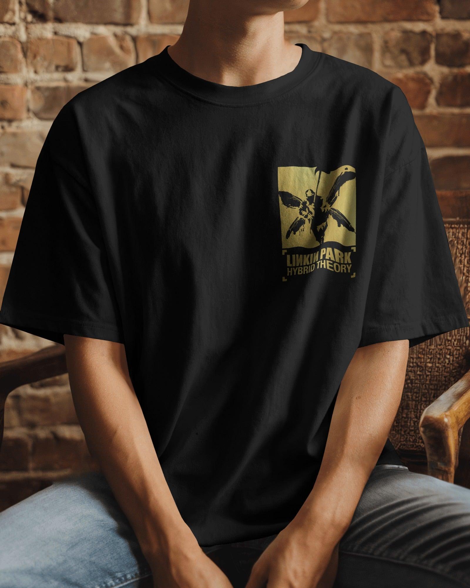 Black oversized "Linkin Park Hybrid Theory" t-shirt from Nitorious Atelier, featuring a striking graphic inspired by the band's iconic album. Crafted from premium cotton, this tshirt offers a relaxed fit, superior comfort, and long-lasting durability
