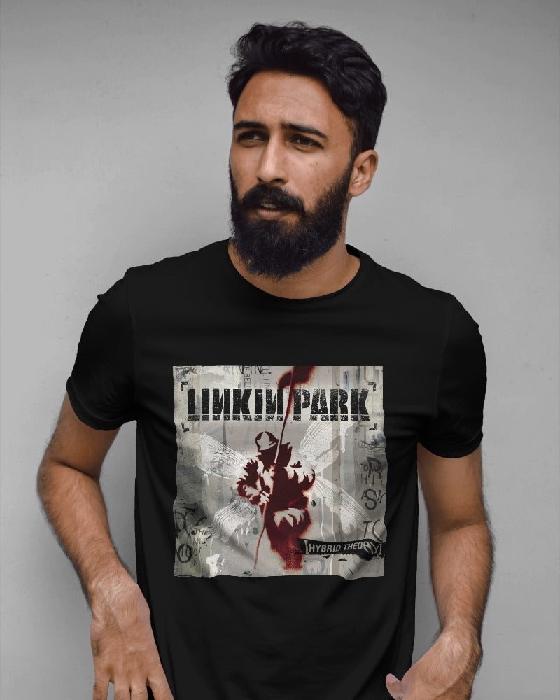 Black regular fit t-shirt from Nitorious Atelier featuring a Linkin Park-inspired graphic. Made from premium cotton, this t-shirt offers comfort and style with its detailed print. Perfect for music enthusiasts and casual wear, this tee is a must-have addition to your wardrobe.