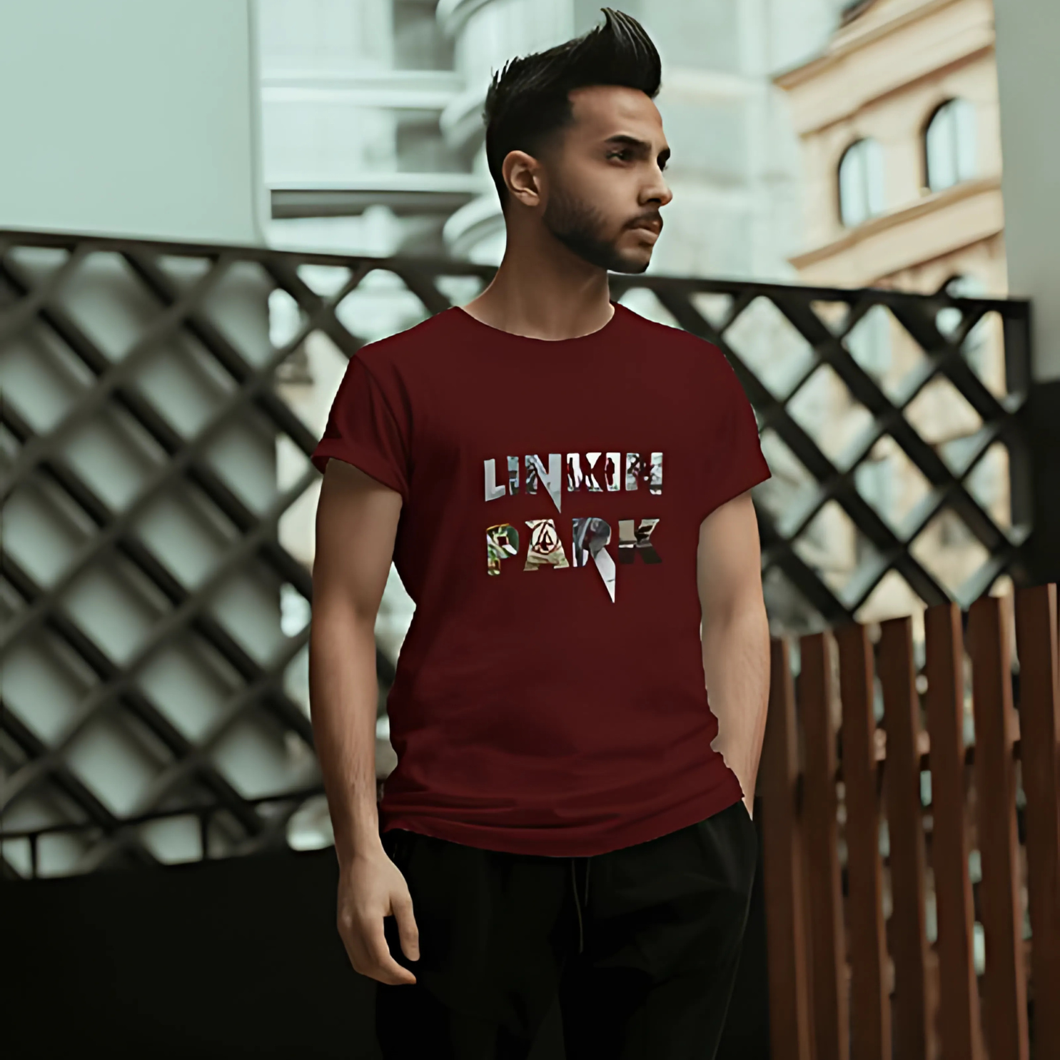 Maroon Linkin Park t-shirt from Nitorious Atelier featuring a bold graphic inspired by the band. Made from premium cotton, this t-shirt offers a comfortable fit and showcases your love for Linkin Park with style.