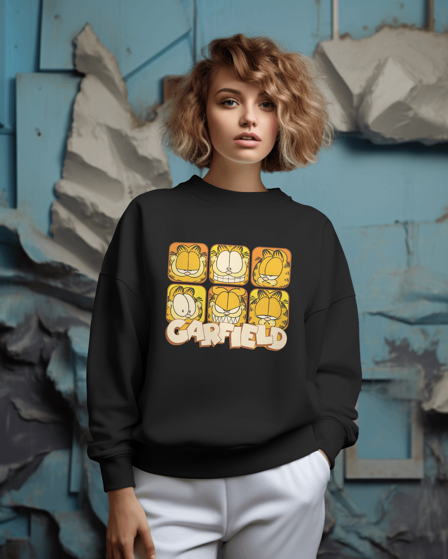 Black sweatshirt from Nitorious Atelier featuring a fun Garfield print. Made from premium cotton fleece, this sweatshirt blends comfort and a playful style, perfect for fans of the iconic character.